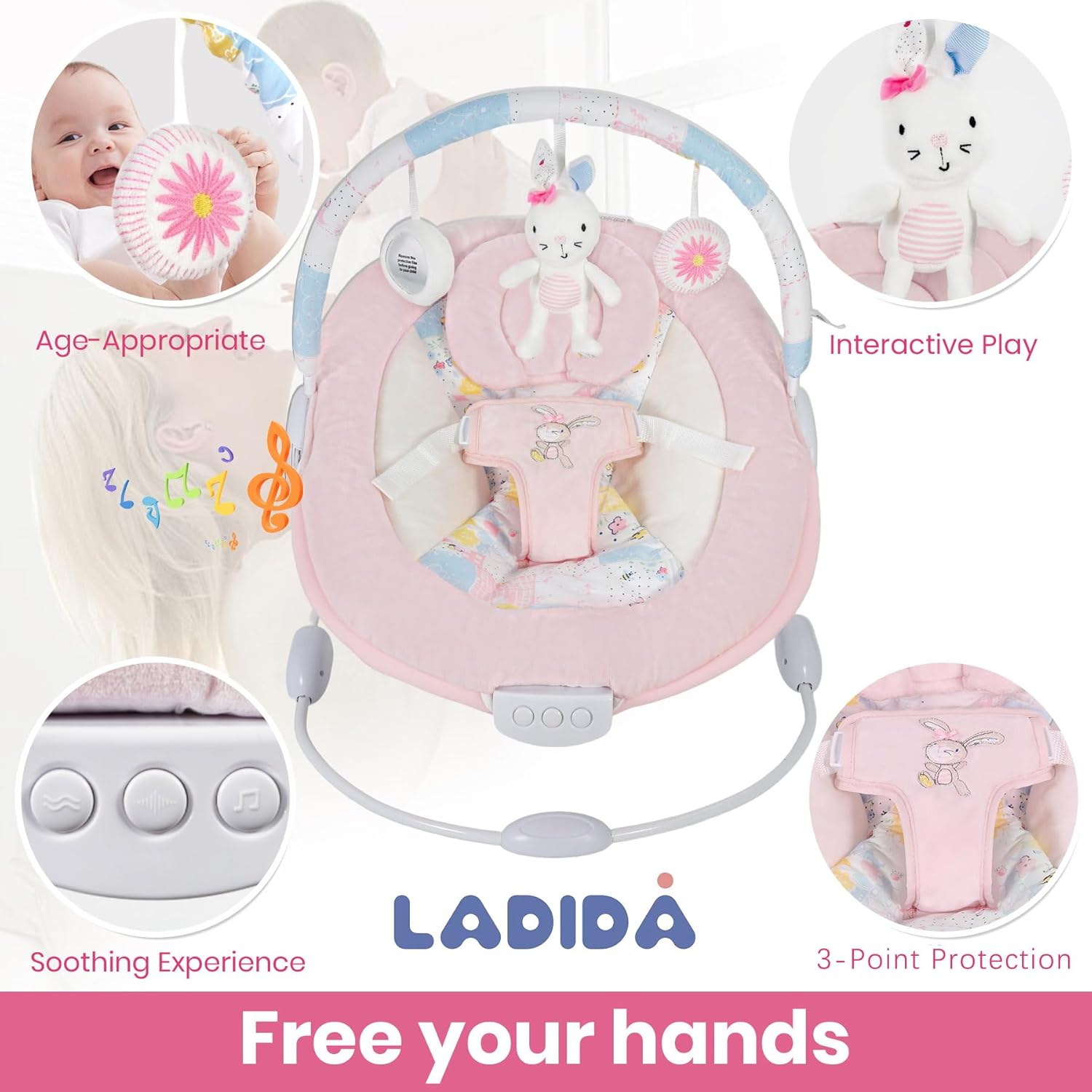 Thumbnail 4 de LADIDA Soft and Padded Baby Bouncer with Soothing Music and Vibration (Pretty Pink Rabbit Theme)