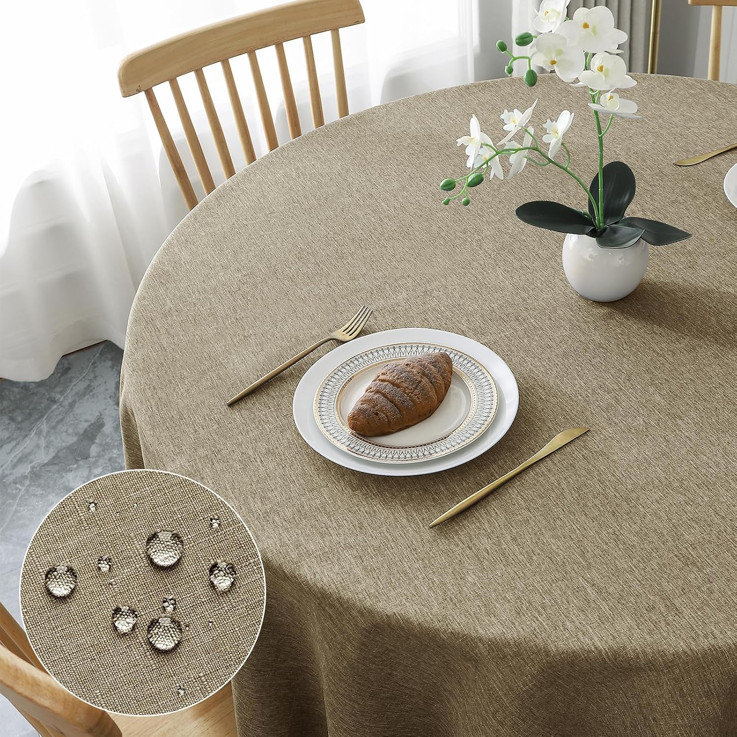 Detalle de AooHome Tischdecke rund 180 cm Kaffee Braun