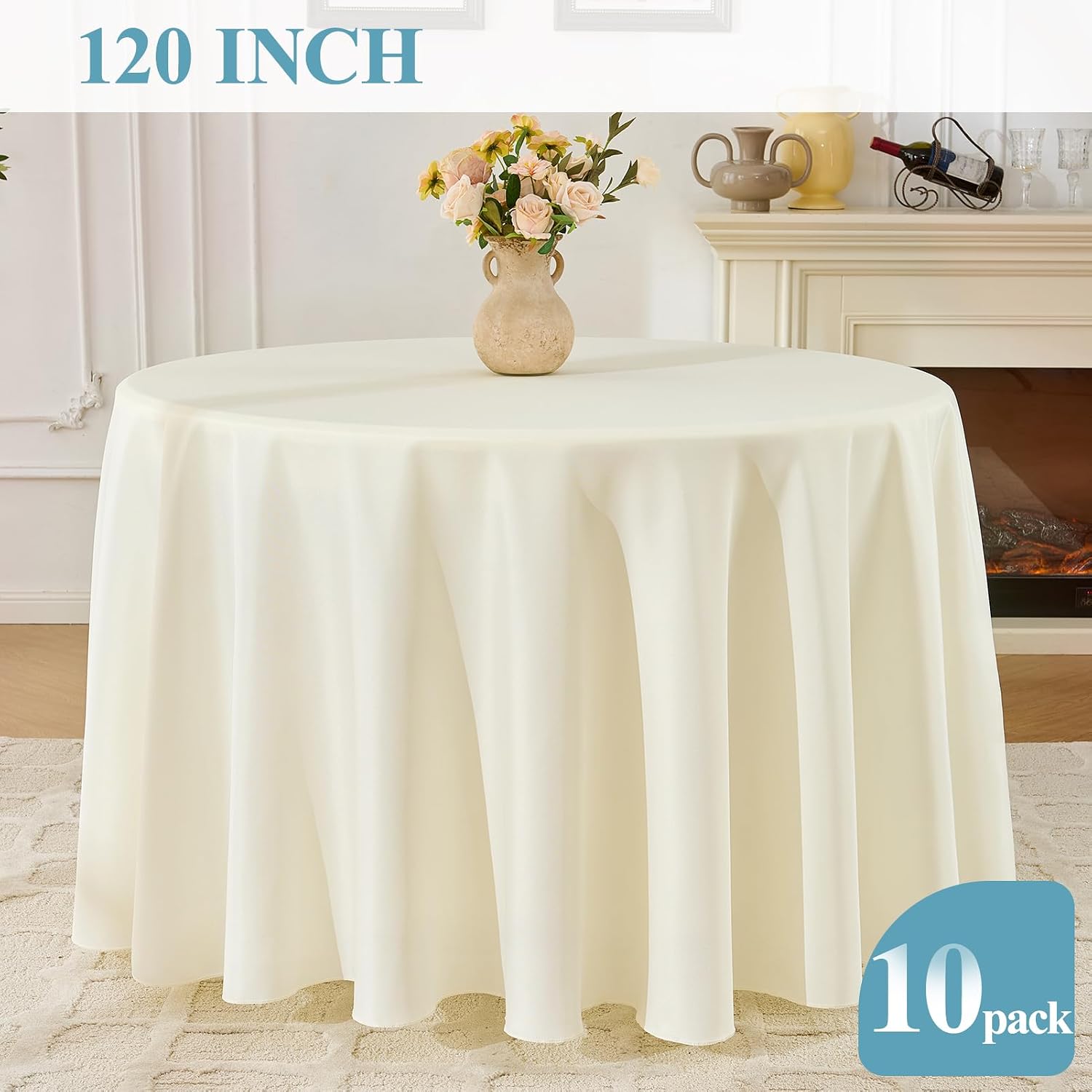 Detalle 1 de VidaFete 10-Pack 120-Inch Round Polyester Tablecloth (Ivory) for Dining, Parties & Weddings