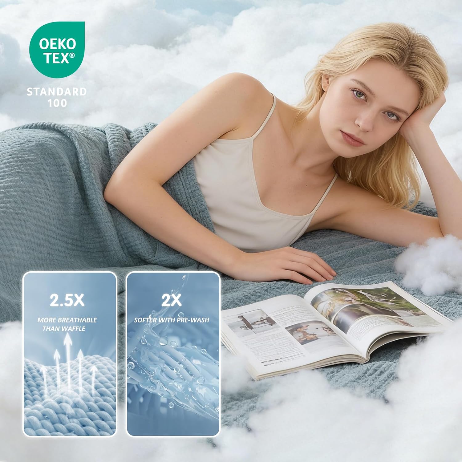 Detalle de EMME Muslin-EMC4CR7N6 Cotton Muslin Blanket, Queen 90" x 90", Heather Teal
