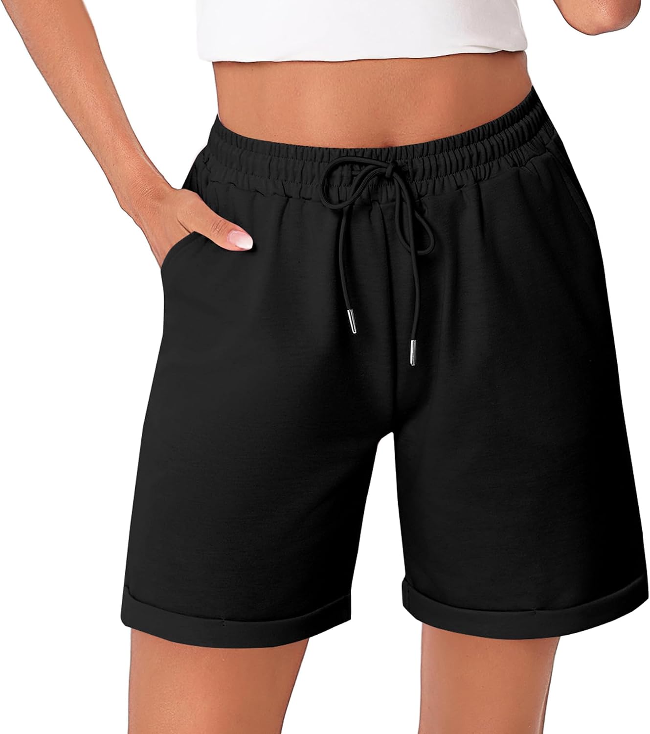 Detalle de Litherday Damen Shorts – Knielange Sportshorts mit Taschen aus Baumwolle, ideal für Fitness und Laufen