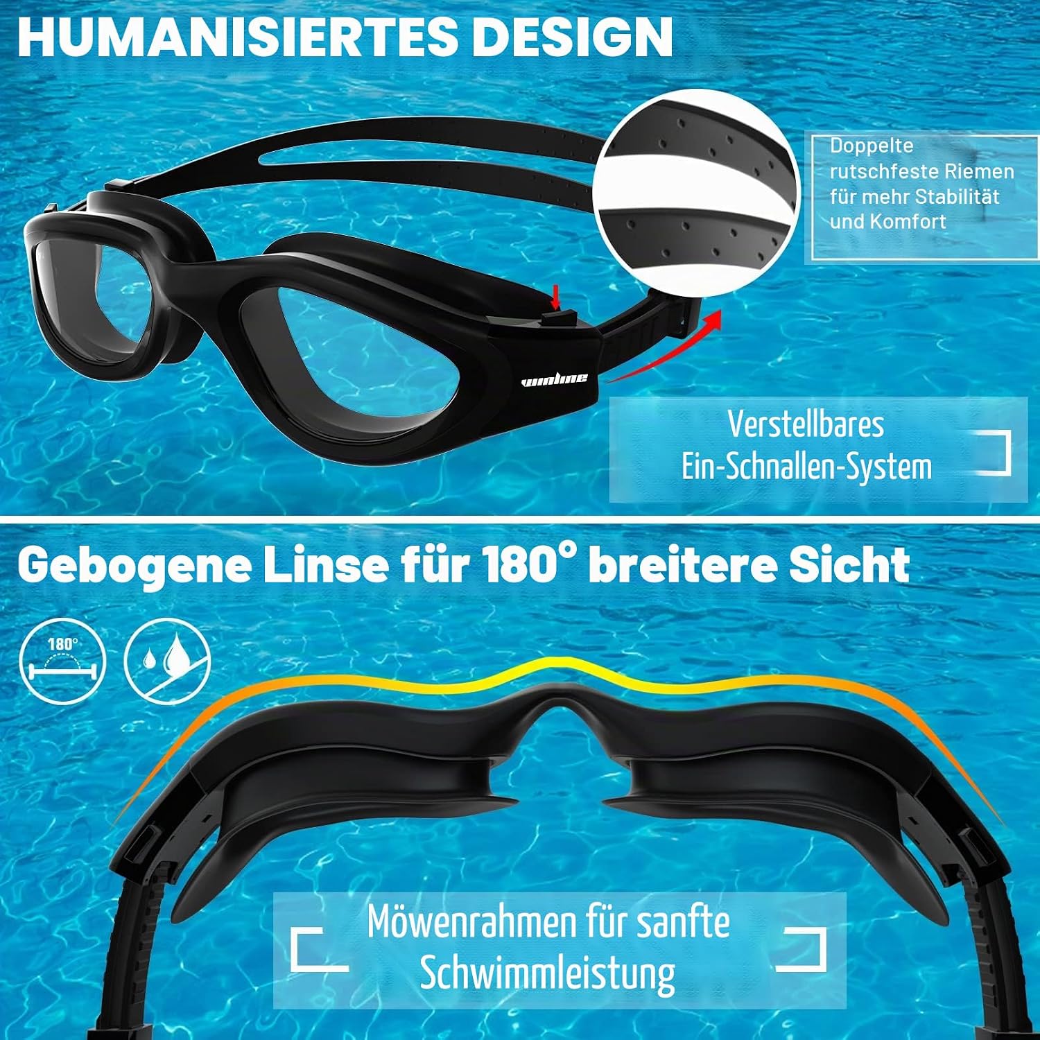 Detalle de Winline Schwimmbrille für Erwachsene & Jugendliche mit UV-Schutz, Anti-Beschlag und weichen Nasenstegen