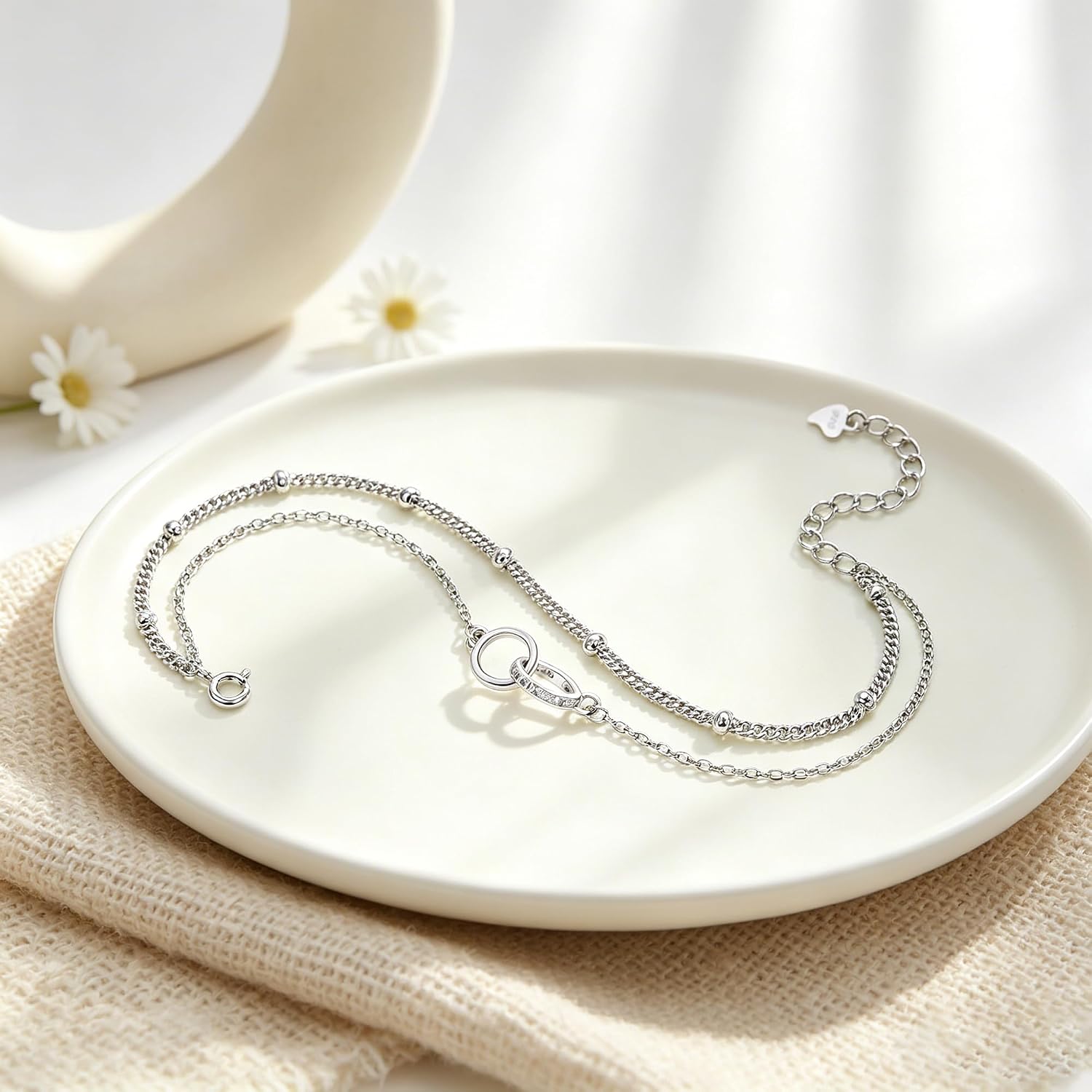 Thumbnail 1 de Hifeeled Bracelet de Cheville Femme Argent Sterling 925 – Double Chaînes Ajustable 22+4 cm