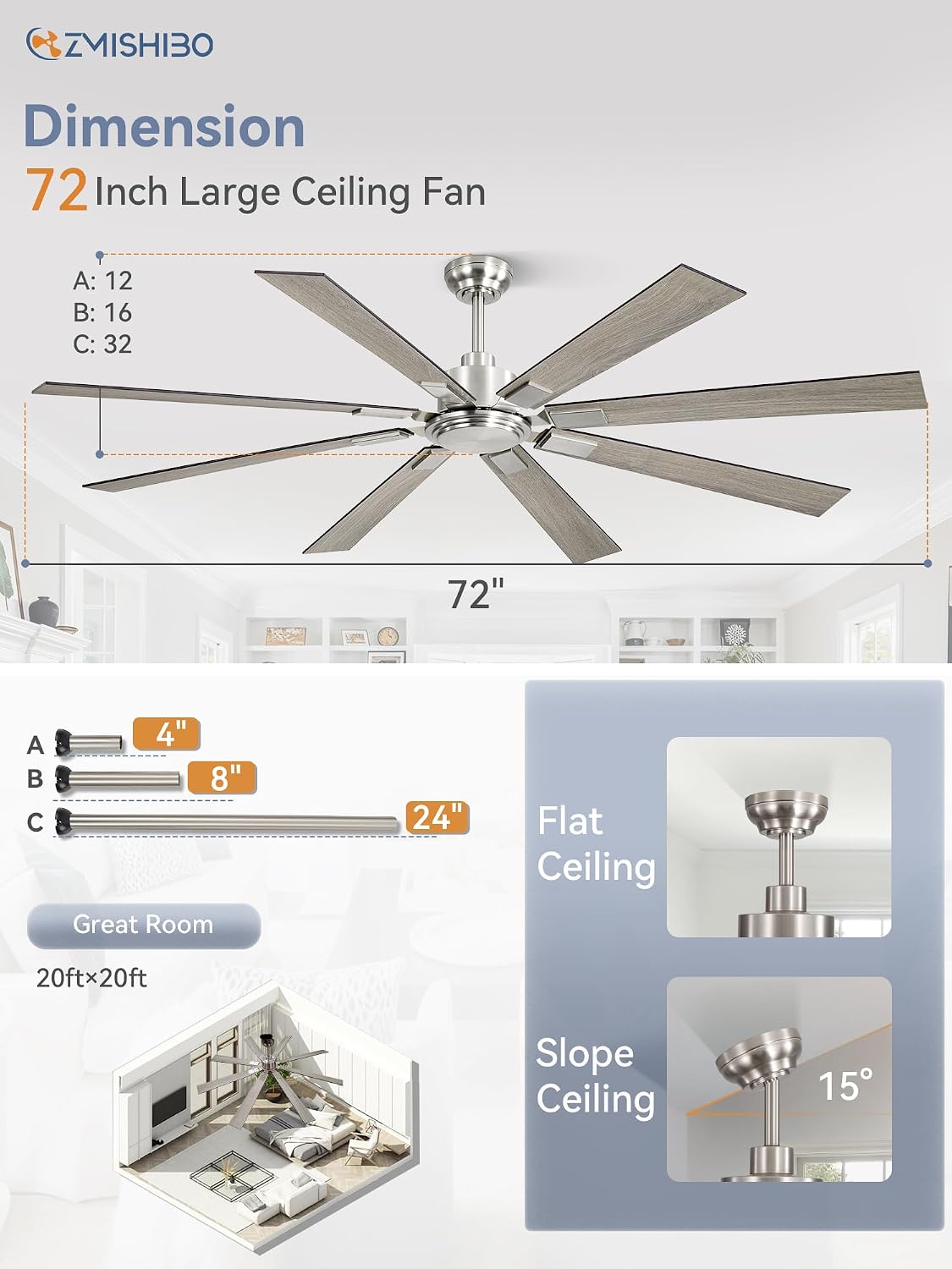Detalle 2 de ZMISHIBO Ceiling Fan, 72-Inch