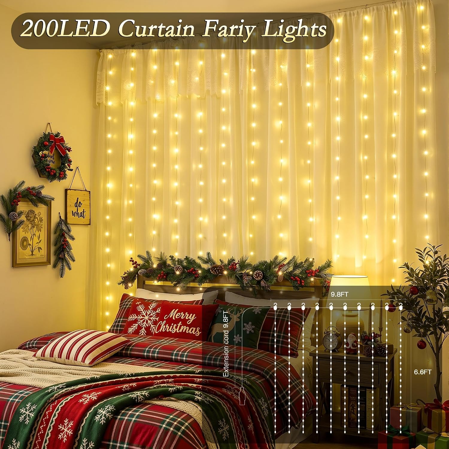 Detalle 2 de Soagrc SG-CP-CL Curtain String Lights, 200 Warm White LEDs, 8 Modes, IP44