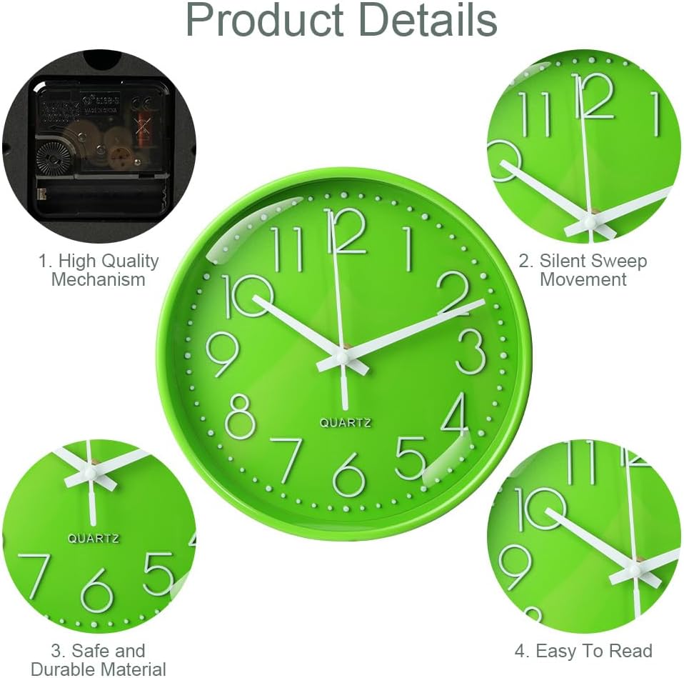 Thumbnail 2 de Aolso Horloge Murale Design Moderne 20 cm – 8 pouces, Silencieuse, Cadran Vert