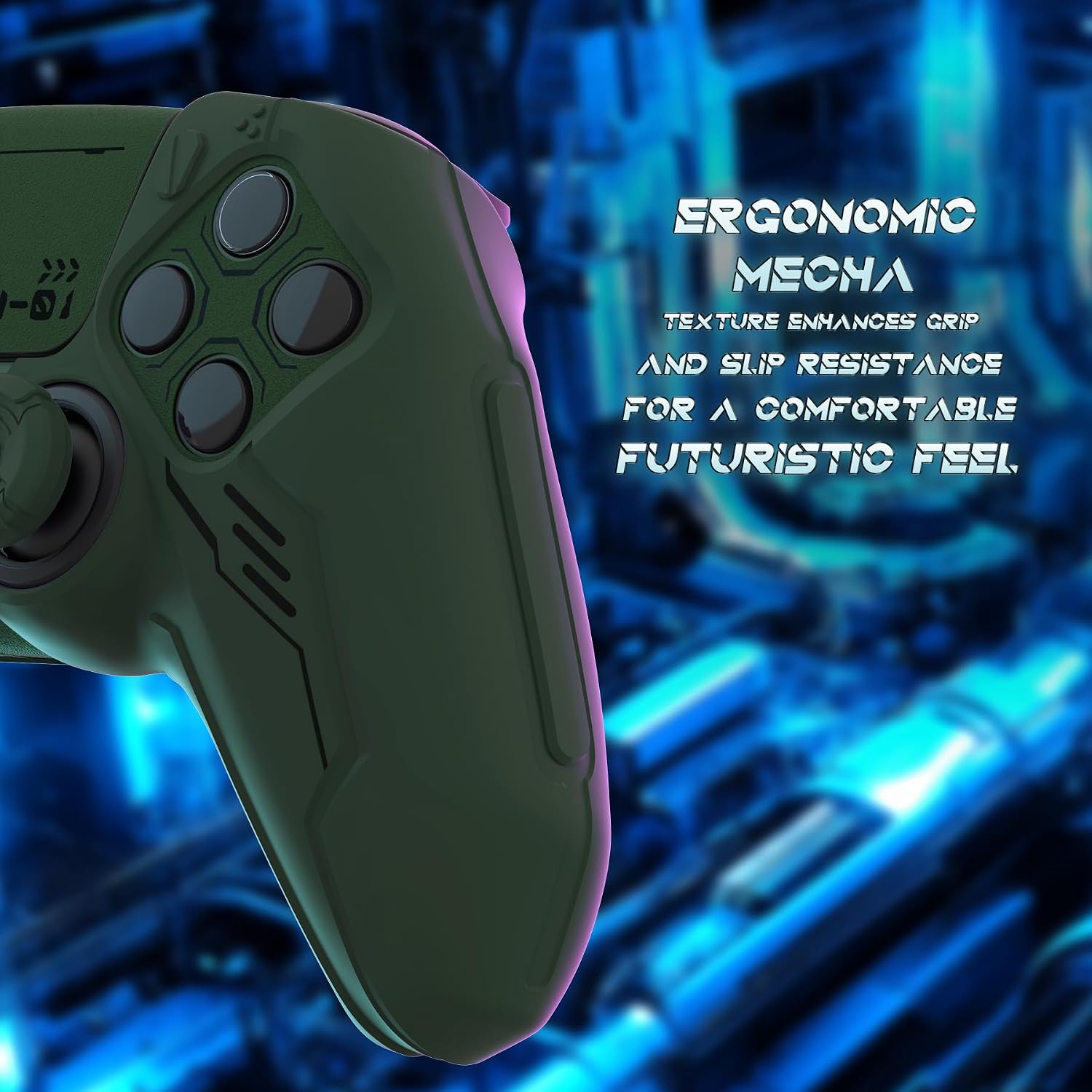 Detalle 2 de PlayVital Mecha Edition Silicone Cover for PS5 Controller (Green) – Anti-Slip, Shockproof, with Joystick Caps & Stickers