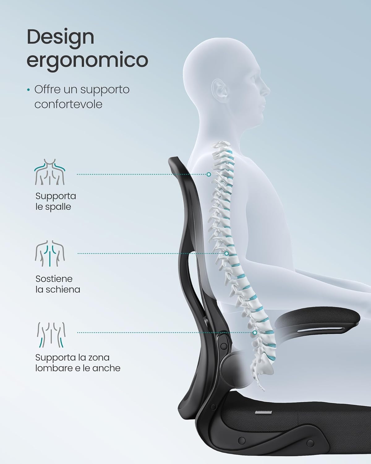 Thumbnail 4 de SONGMICS OBN042BH02 sedia ufficio ergonomica con rete, supporto lombare adattivo e funzione oscillante