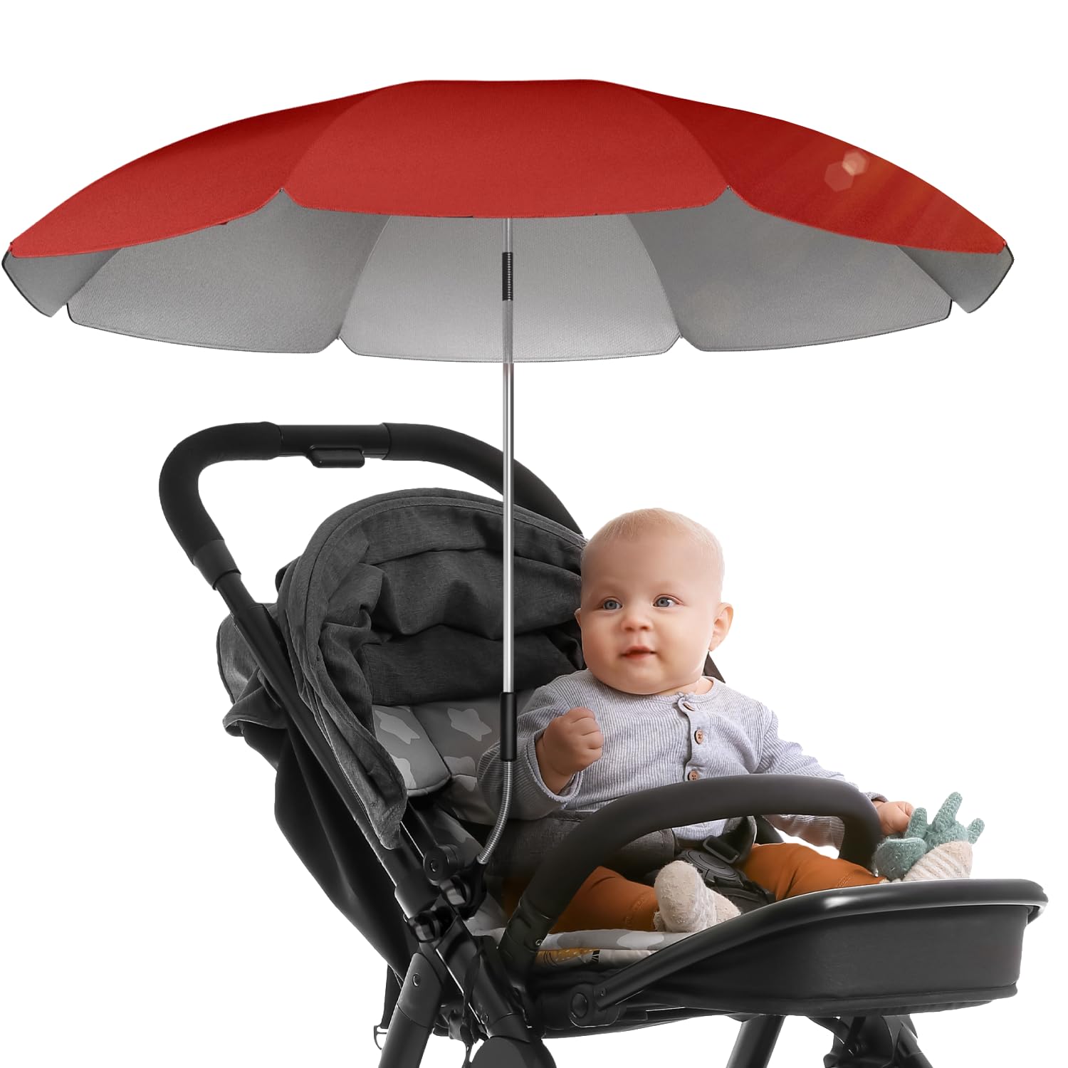 Detalle de STYNGARD Sonnenschirm für Kinderwagen UV Schutz 50+ – 70 cm Durchmesser mit Überhang, Modell ROME (Rot)