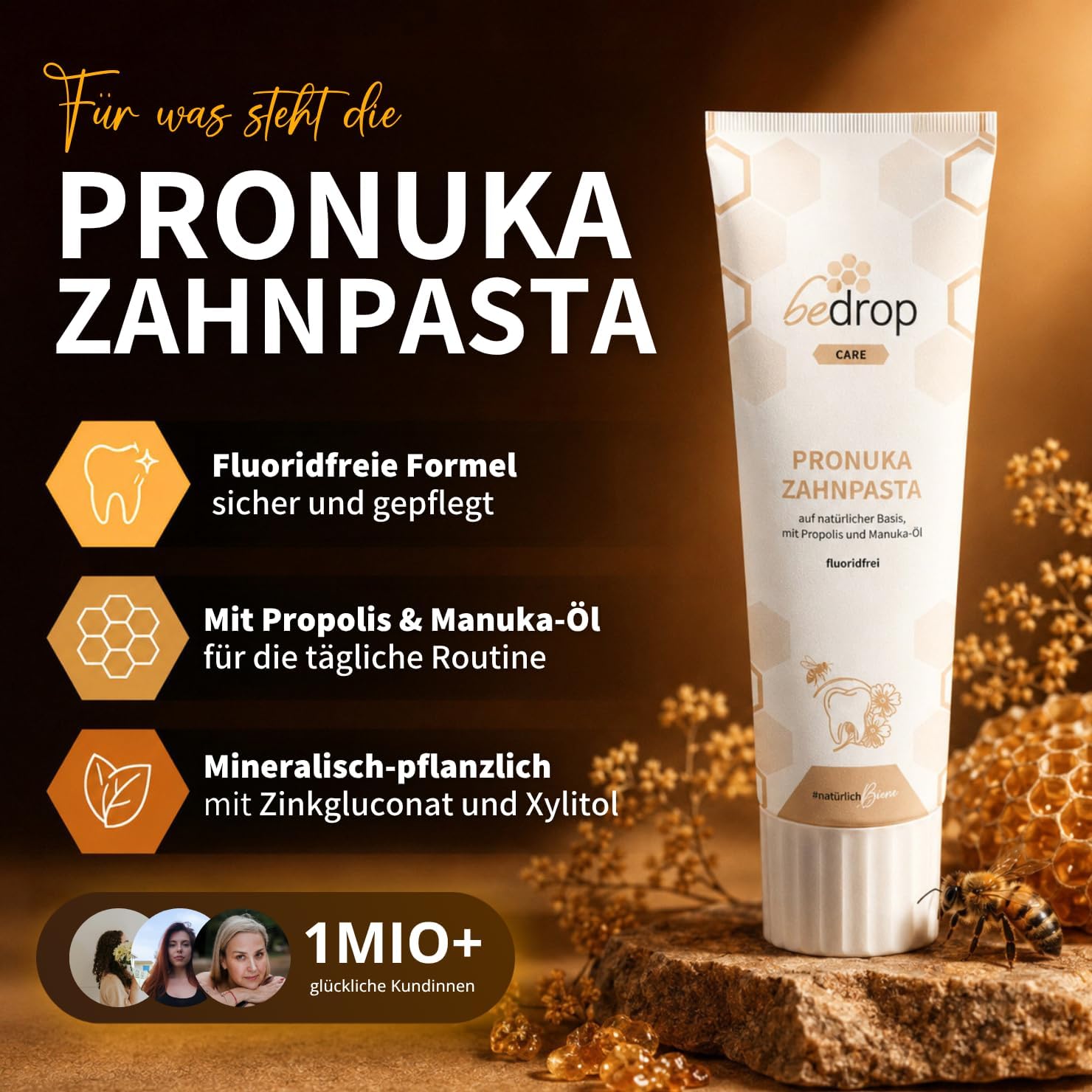 Detalle 2 de bedrop Pronuka fluoridfreie Zahnpasta mit Propolis & Manuka-Öl (Zitrone-Minze, 75 ml)