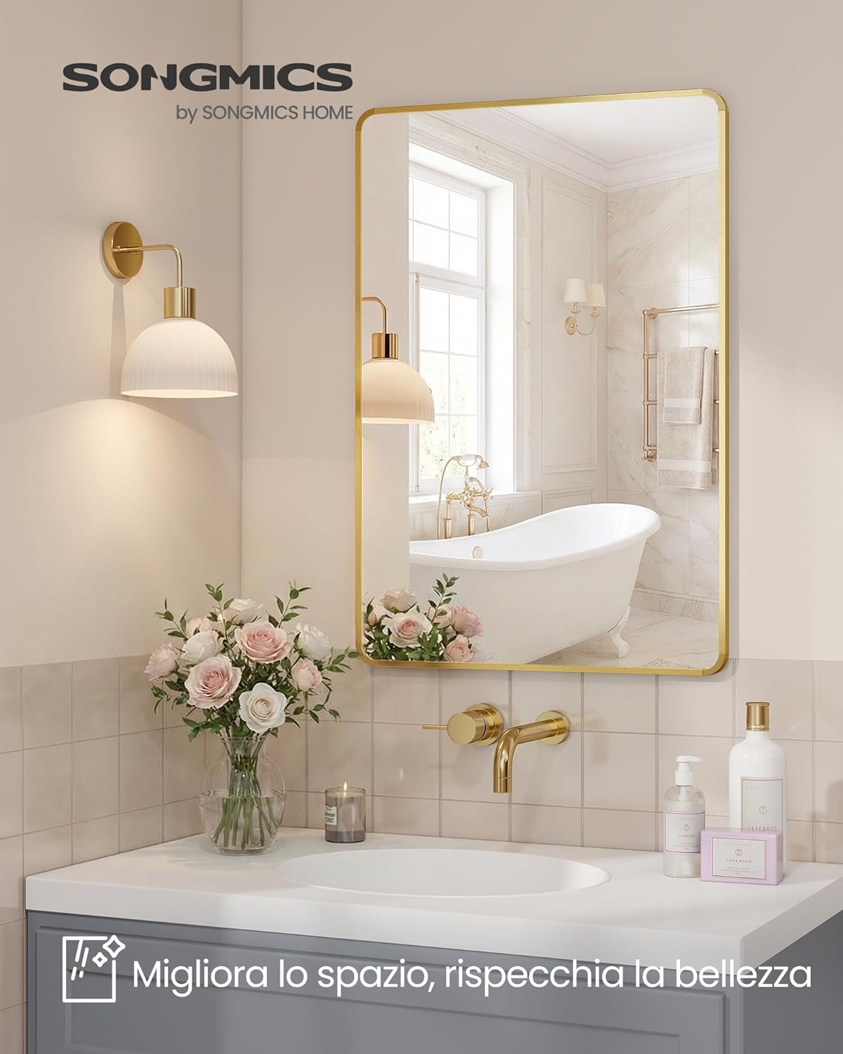 Thumbnail 1 de SONGMICS Specchio Bagno Rettangolare LWM010AB01 – Cornice in Alluminio, 91 x 61 cm, sospensione orizzontale/verticale, vetro temperato con pellicola di sicurezza