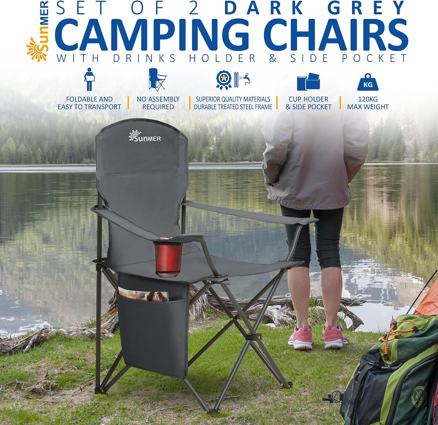 Thumbnail 3 de SUNMER Folding Camping Chairs (Set of 2) – Extra-Wide Lightweight Outdoor Chairs with Armrests, Cup Holder & Side Pocket – Dark Grey