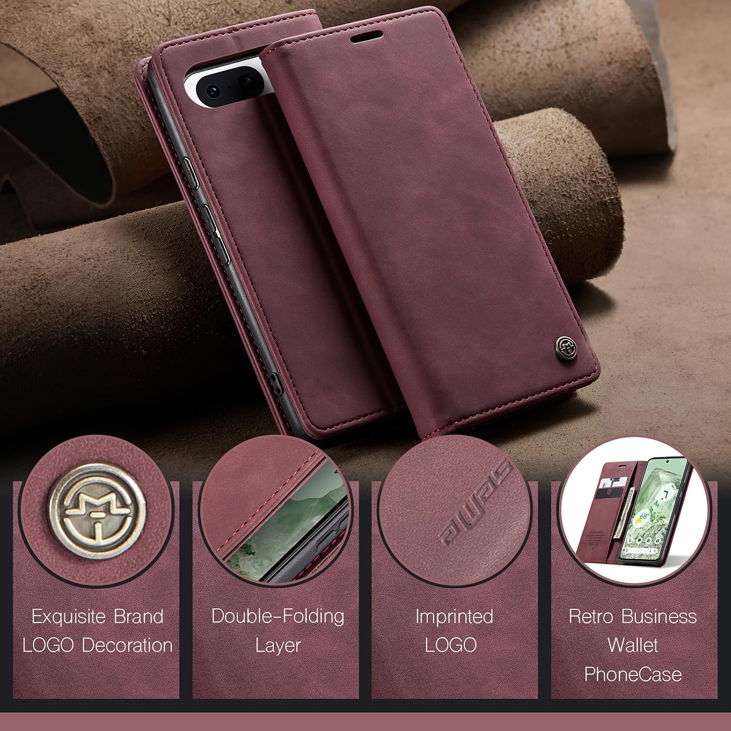 Thumbnail 5 de Phernykas Handyhülle für Google Pixel 8A – Premium Leder Klapphülle mit Standfunktion, Kartenfächern und Stoßschutz in Weinrot