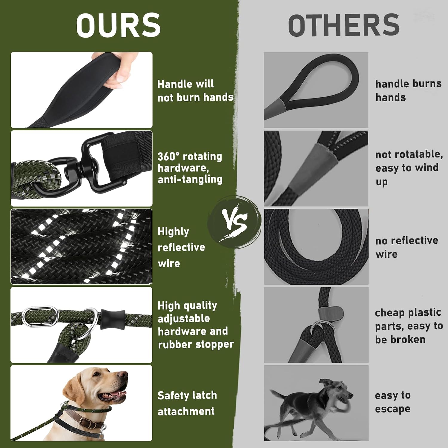 Detalle 2 de Kdsvakd slip lead for dogs (anti-pull) with 360° padded handle and reflective adjustable slip collar, army green 13mm x 1.5m