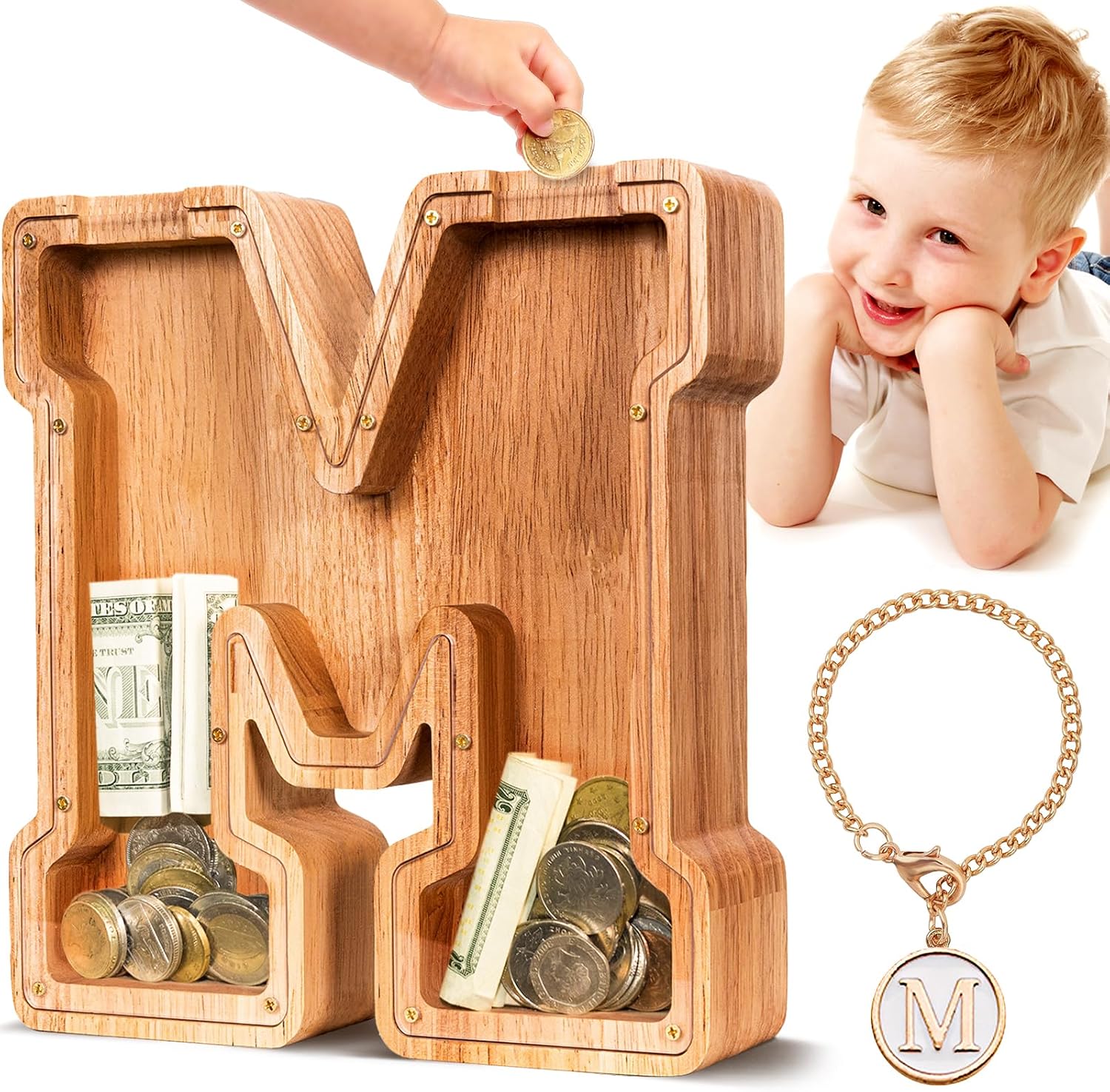 Detalle de SummiDate Wooden Letter Piggy Bank with Personalized Initial (M) – Alphabet Money Bank for Kids