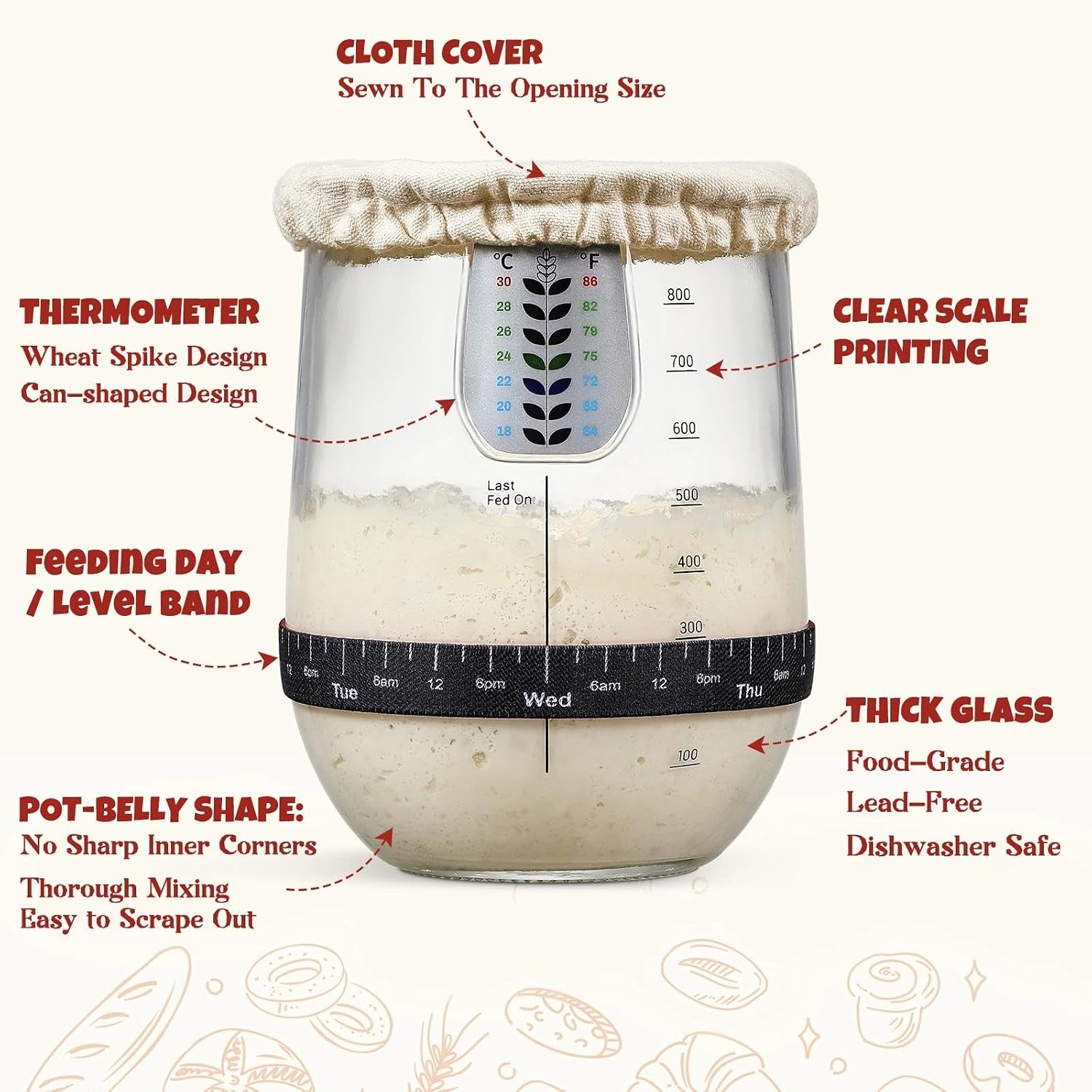 Thumbnail 2 de Snuvid 1 L Sourdough Starter Jar Kit, Wide-Mouth Glass with Three Lids