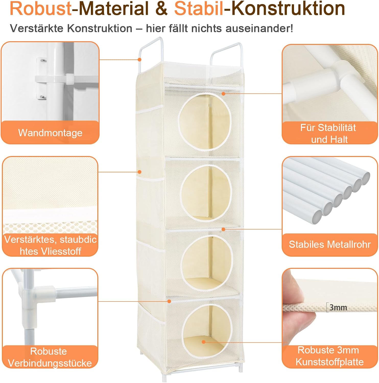 Thumbnail 3 de AXHOP Kuscheltier Aufbewahrung: 42×42×162 cm, 5 Etagen + 8 Netztaschen, Beige