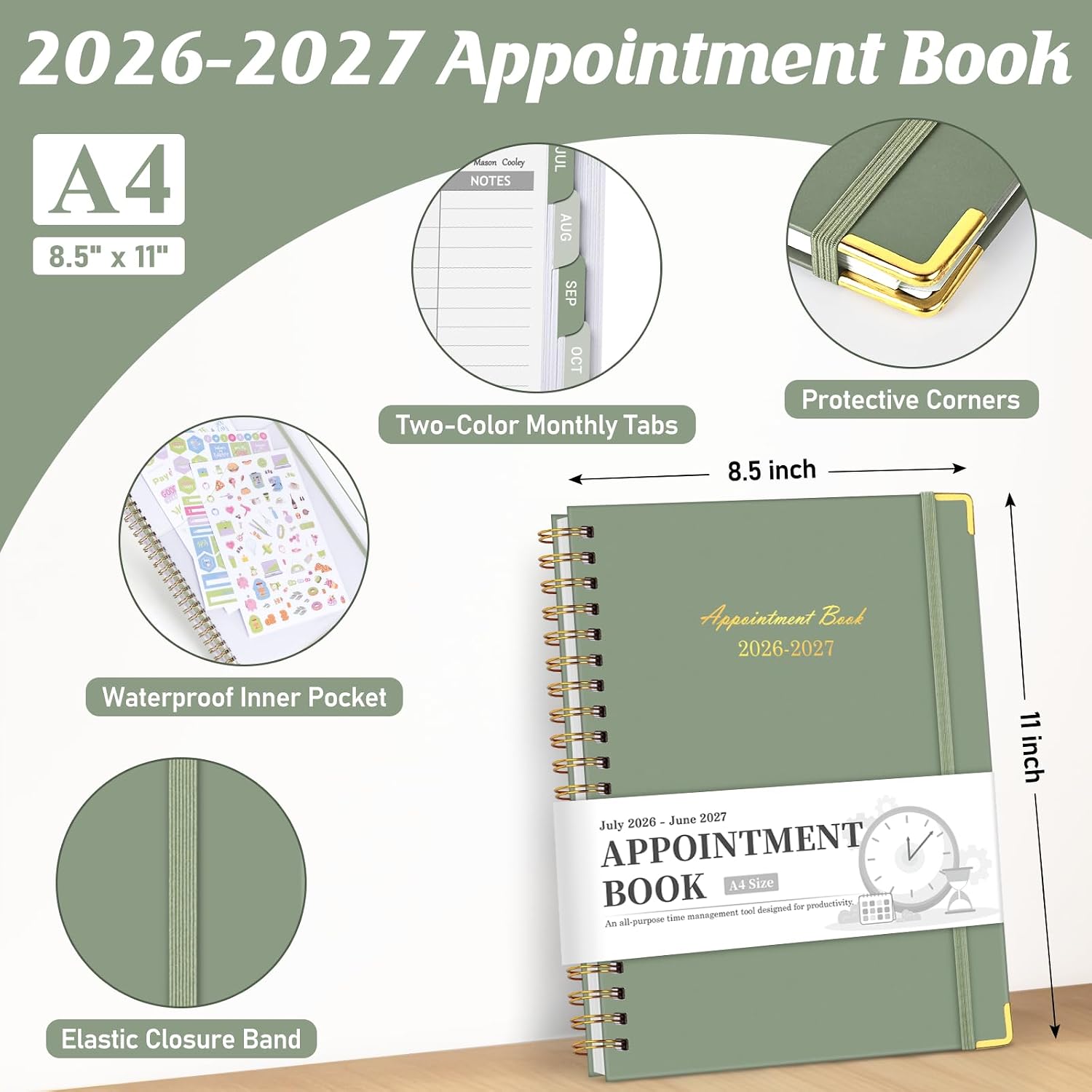 Detalle de Homlive Appointment Book 2026-2027, 30-Minute Weekly Planner, 8.5" × 11", Green