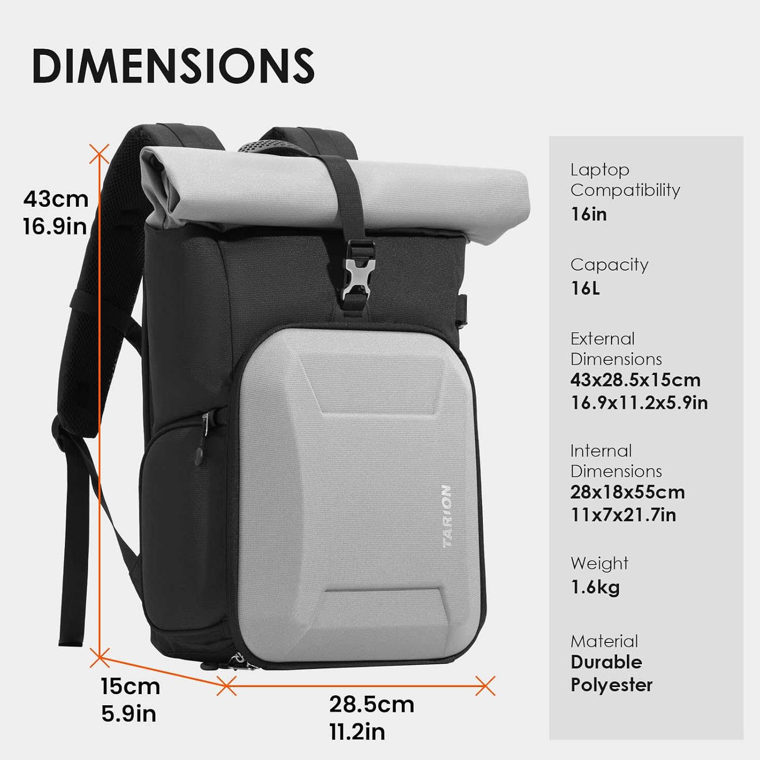 Thumbnail 6 de TARION Rolltop Camera Backpack with Hardshell – Expandable Large Camera Bag with 16 Inch Laptop Compartment & Side Access (Grey)