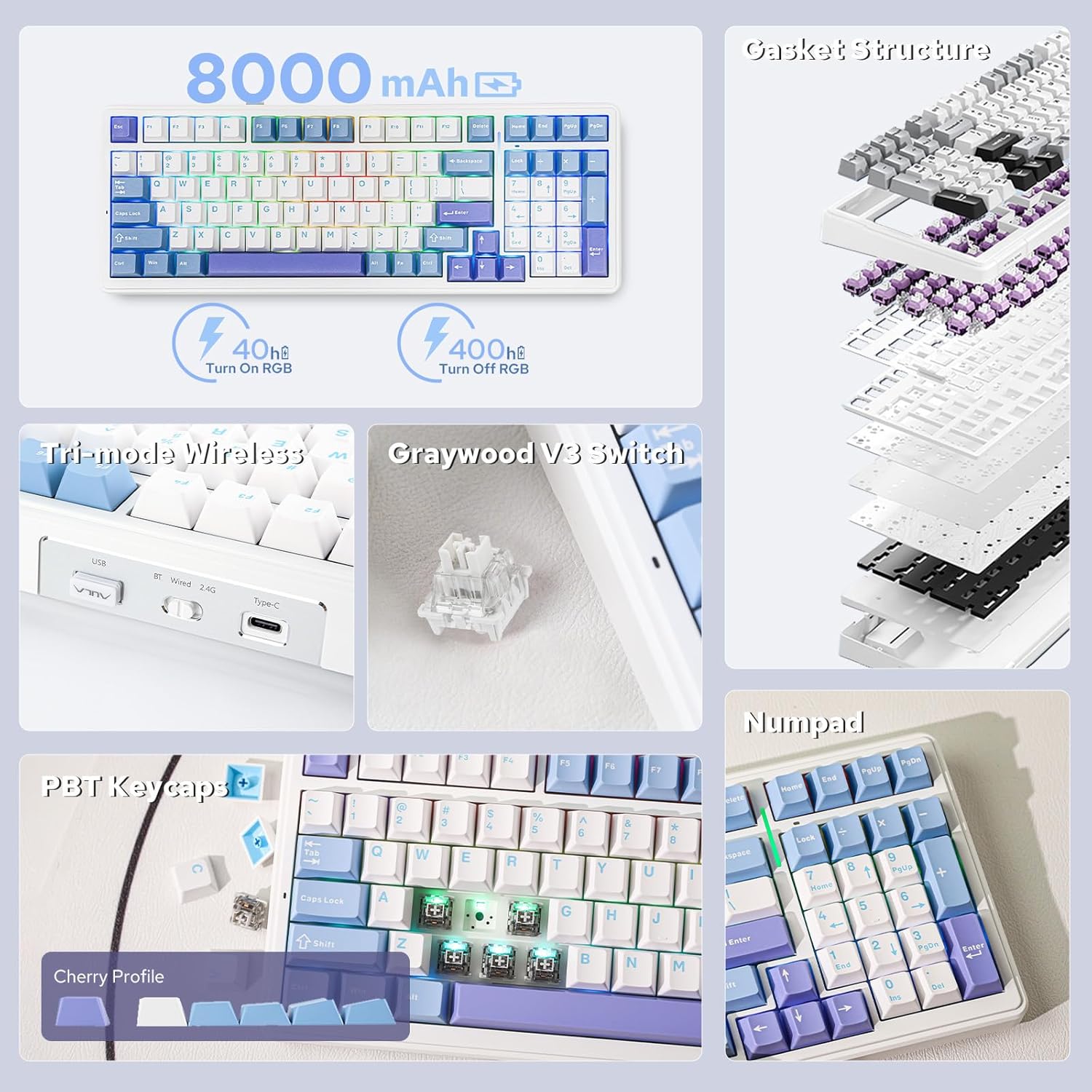 Thumbnail 1 de EPOMAKER x Aula F99 Wireless Mechanical Keyboard (Hot-Swappable, BT/2.4GHz/USB-C, 96% Layout) — White/Light Blue & Graywood V3