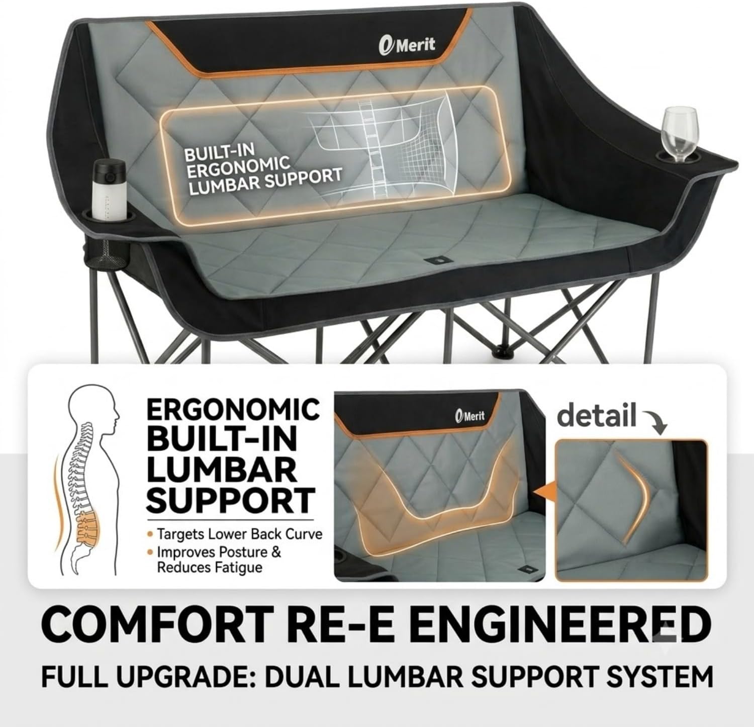 Detalle de EMERIT Oversized Fully Padded Camping Chair — 650 lb Capacity Quad Fold Loveseat