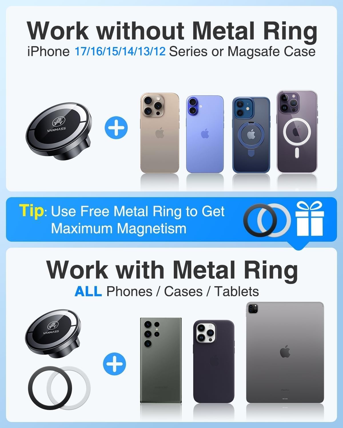 Thumbnail 4 de VANMASS Magnetic Car Phone Holder (MagSafe) with NdFeB magnets, suction mount and aluminium telescopic arm