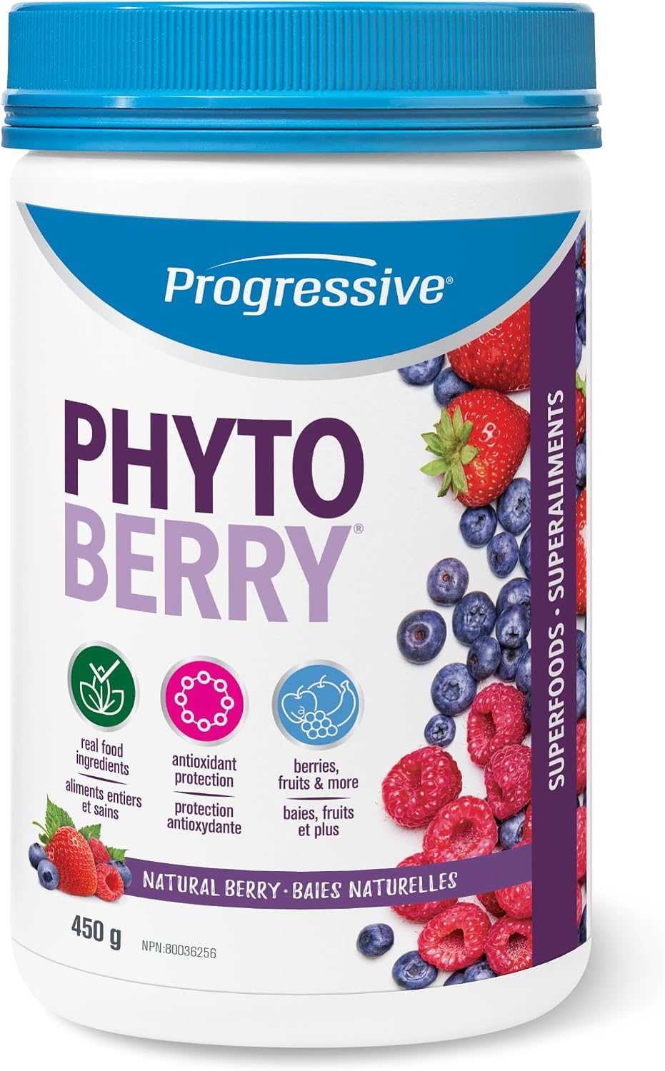 Detalle de Progressive PhytoBerry Antioxidant Powder, Natural Berry Flavour, 450 g