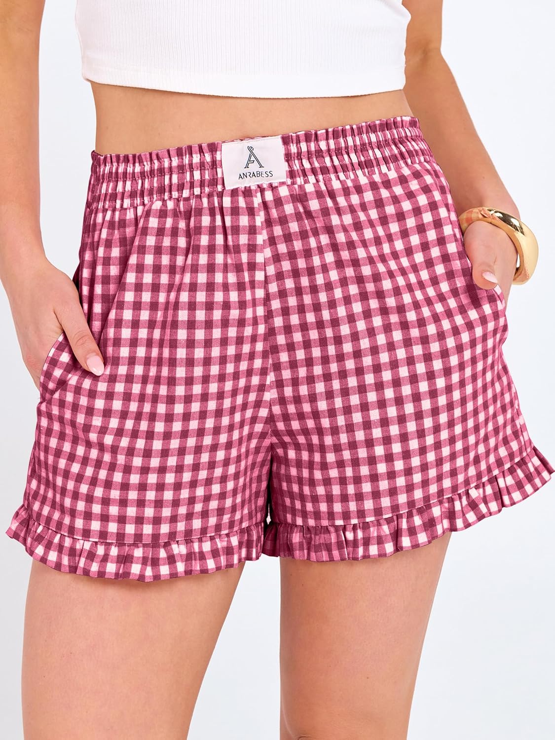 Thumbnail 1 de ANRABESS Women's Gingham Plaid Boxer Shorts with Elastic Waist and Ruffle