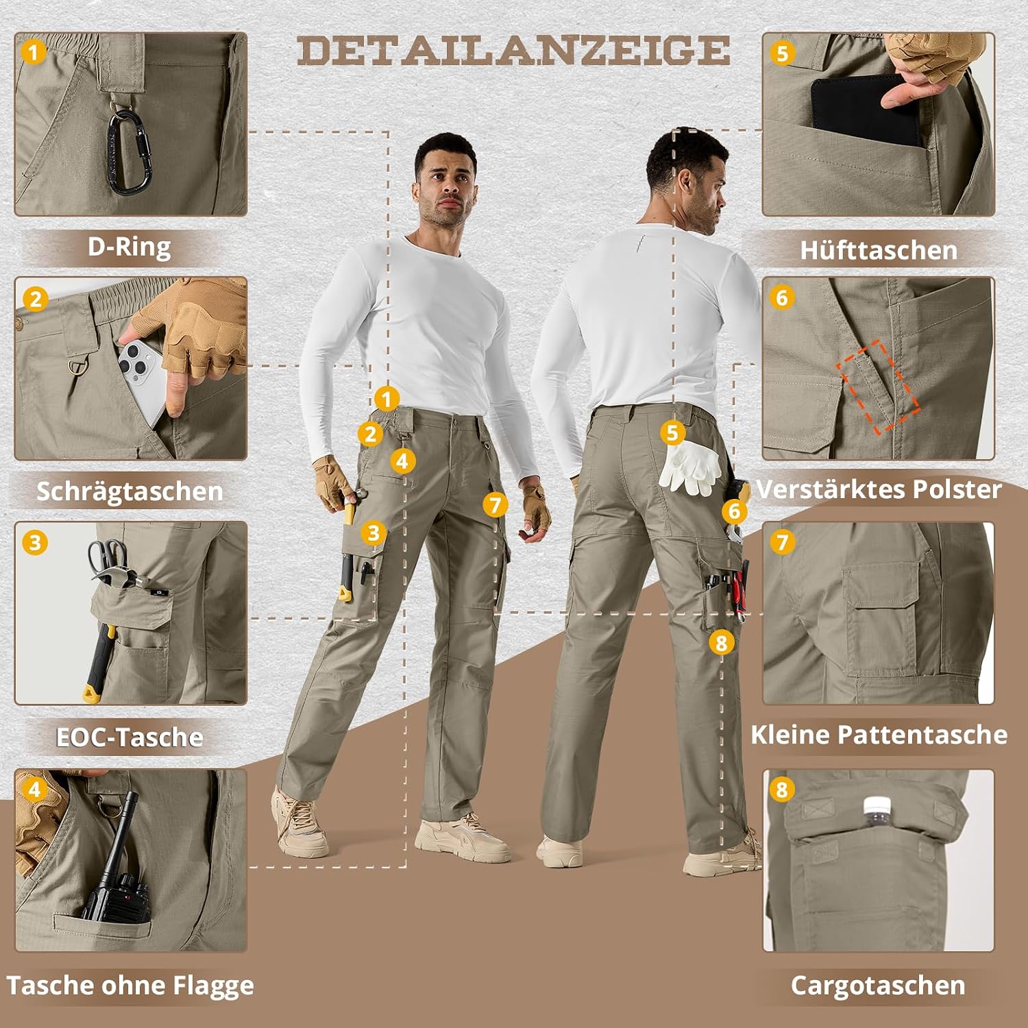 Detalle 2 de IGOLUMON Work Trousers Men Cargo Trousers – 14-Pocket Stretch Fit