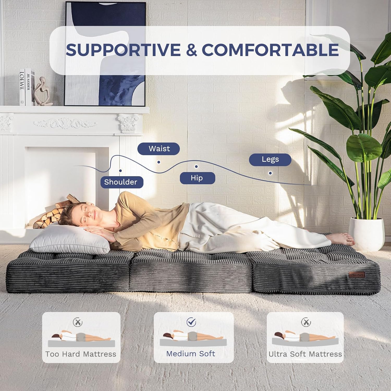 Detalle de MAXYOYO Folding Mattress: Comfy Corduroy Tri-Fold King Bed for Guests