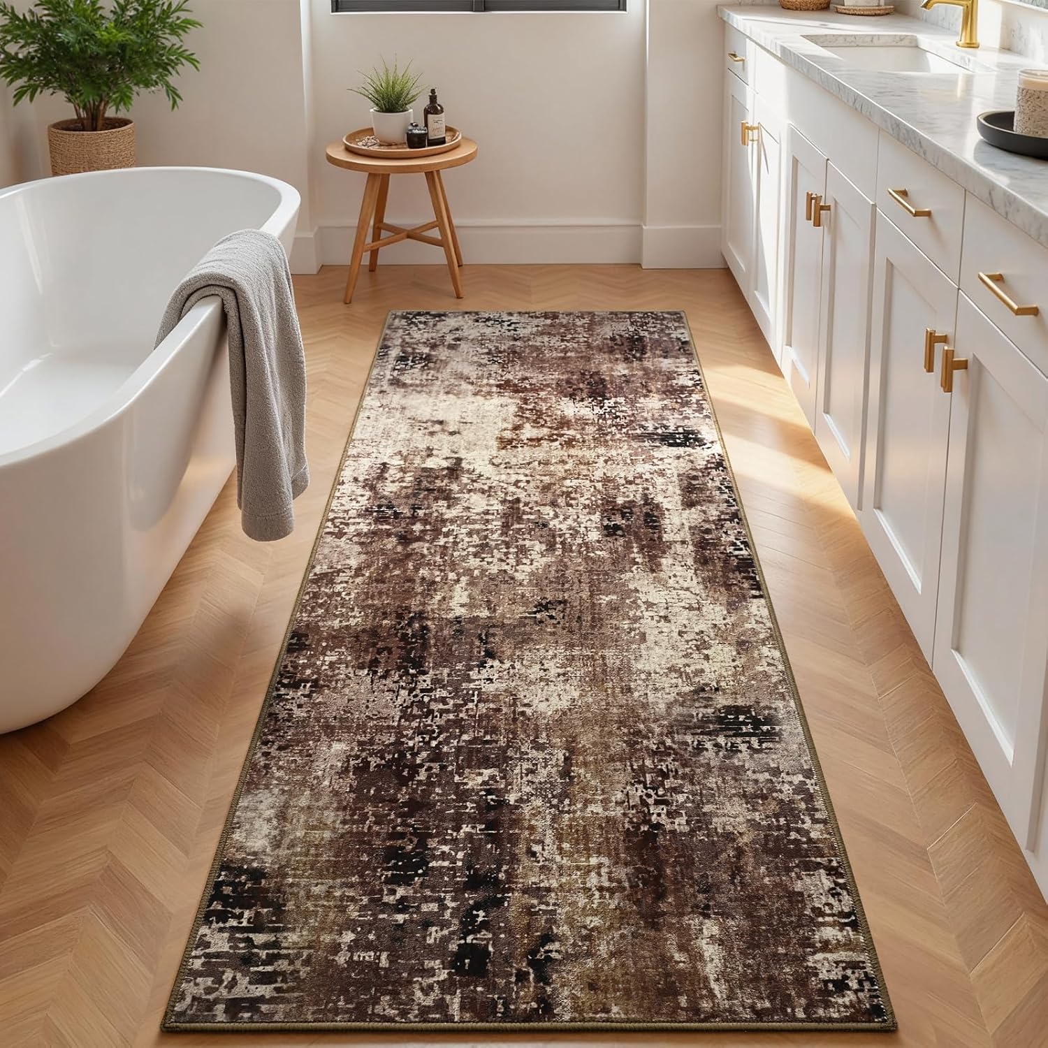 Thumbnail 3 de 2x6 Brown Rug Runners for Hallways and Kitchen - Non Slip, Washable Abstract Runner with Rubber Backing