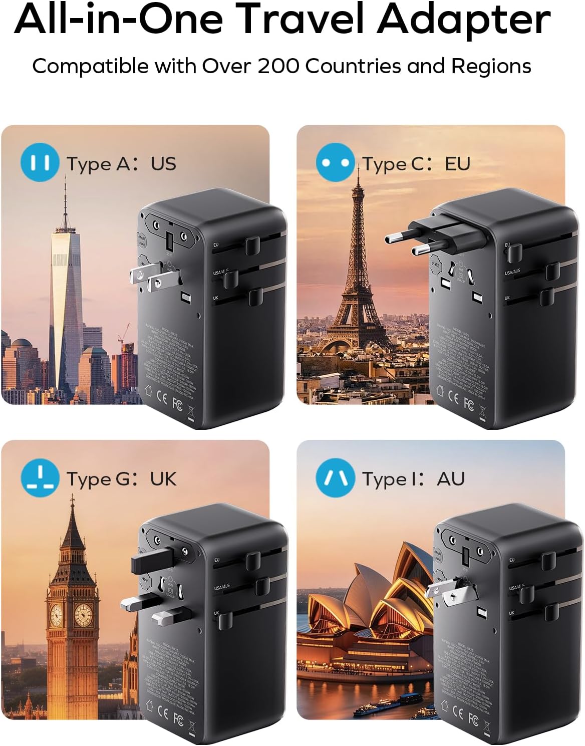 Thumbnail 3 de MOMAX Universal Travel Adapter with Cable — 100W GaN, UK/EU/AU/US Plugs, 2 USB-C PD & 1 USB-A QC