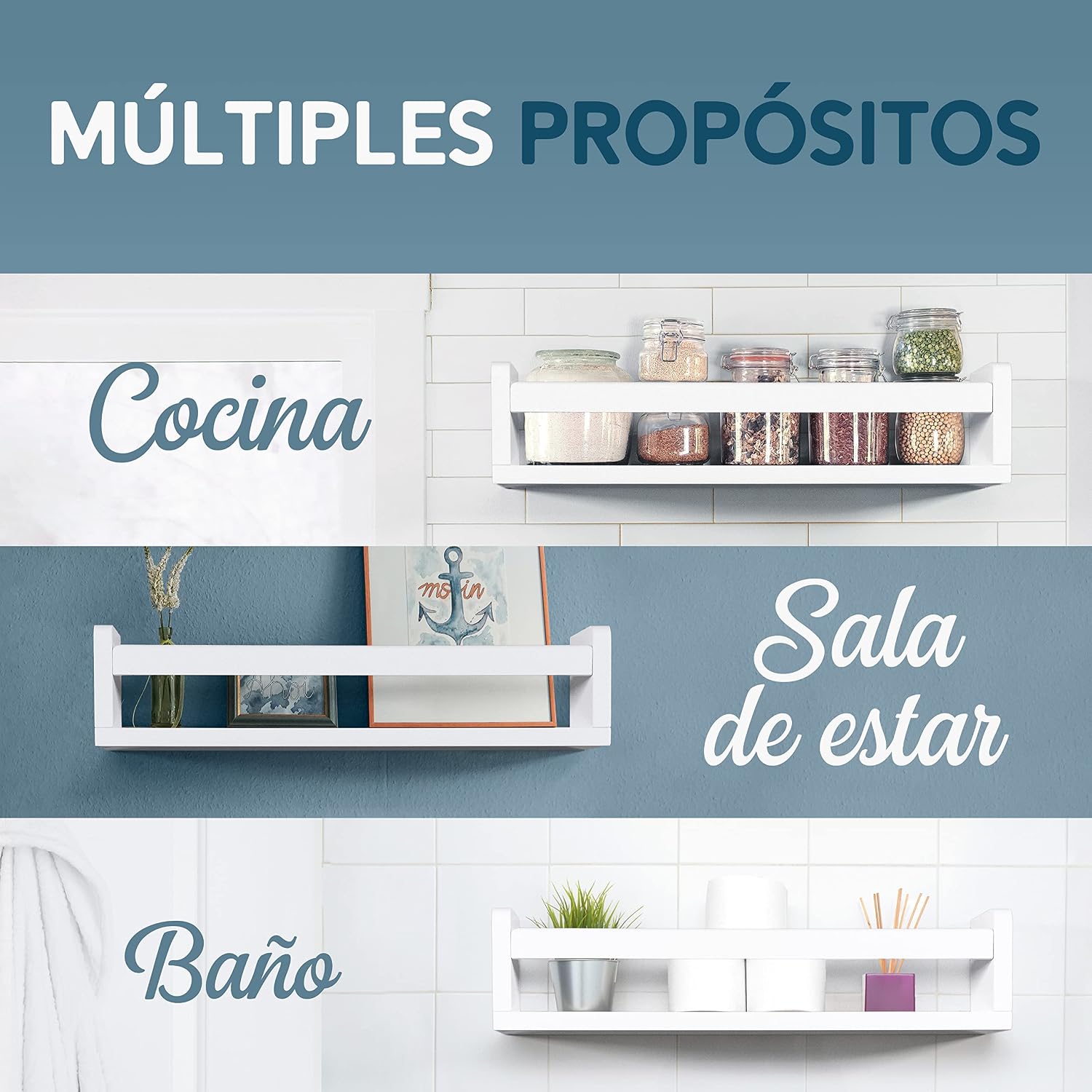 Thumbnail 5 de NATURE SUPPLIES Estantes flotantes de madera blanca, 3 unidades