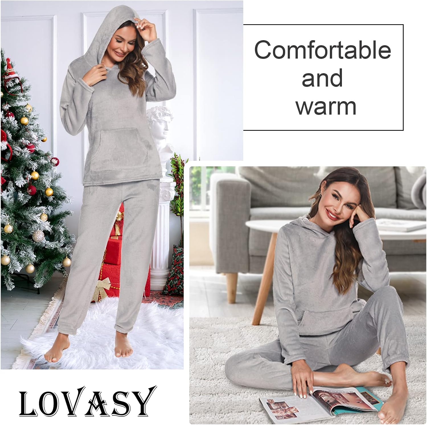 Detalle 2 de Ensemble de pyjama femme en polaire Lovasy avec capuche et grandes poches