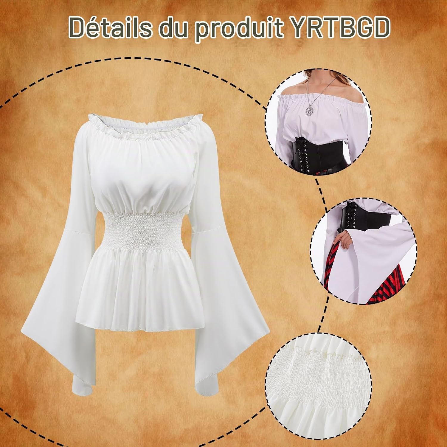 Detalle 2 de YRTBGD 5 Pcs Pirate Costume Women – dameskostuum met vintage blouse, korset en heuptas