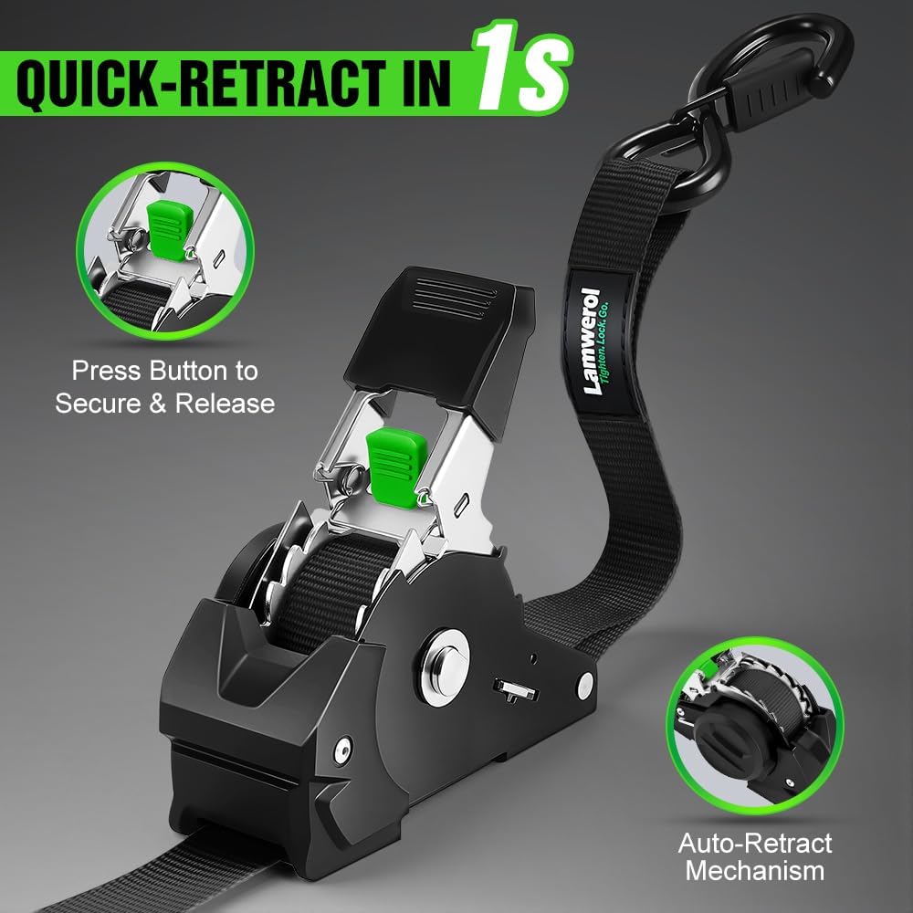Thumbnail 1 de Retractable Ratchet Straps (4-Pack) by Auto Self Retracting Tie Downs, 1 Inch x 10 Feet, 1,650 lb Break Strength — Black
