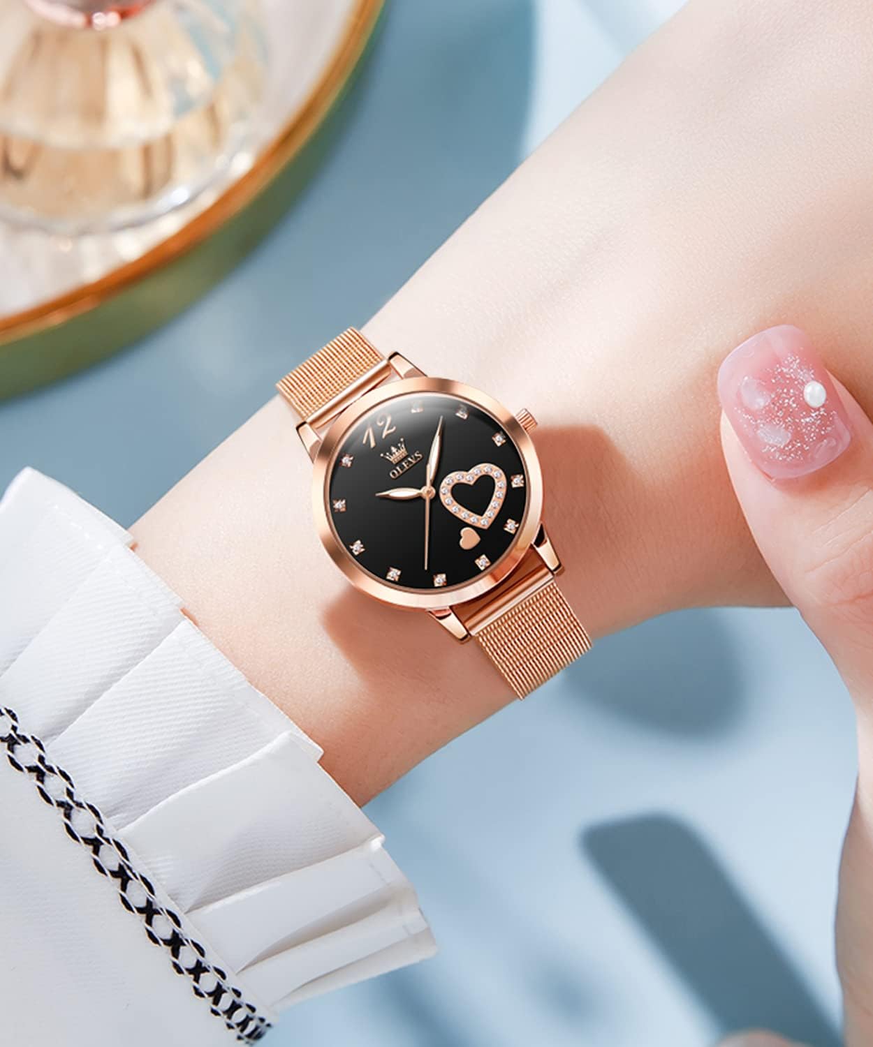 Detalle 2 de OLEVS Montre pour Femme Or Rose – Cœur, Diamants et Mouvement Quartz Japonais