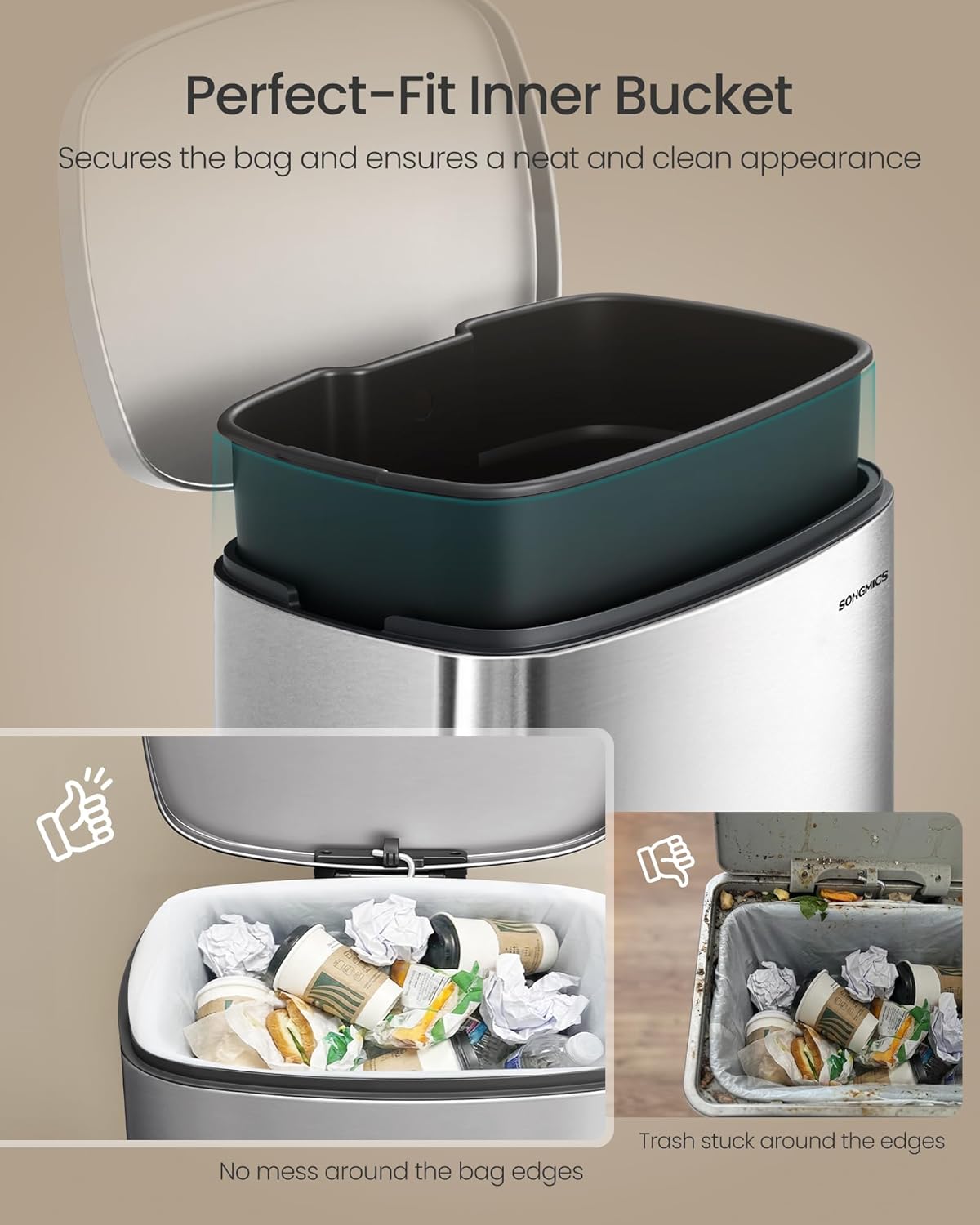 Detalle 2 de SONGMICS ULTB075EZ01 20-Gallon Stainless Steel Step-On Trash Can