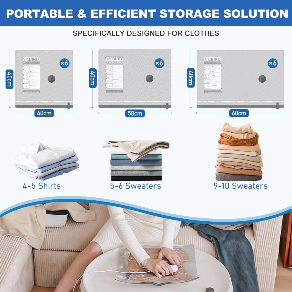 Detalle de Set Vacbird sacchetti sottovuoto per vestiti con pompa USB compatta (18 sacchetti, 3 misure)