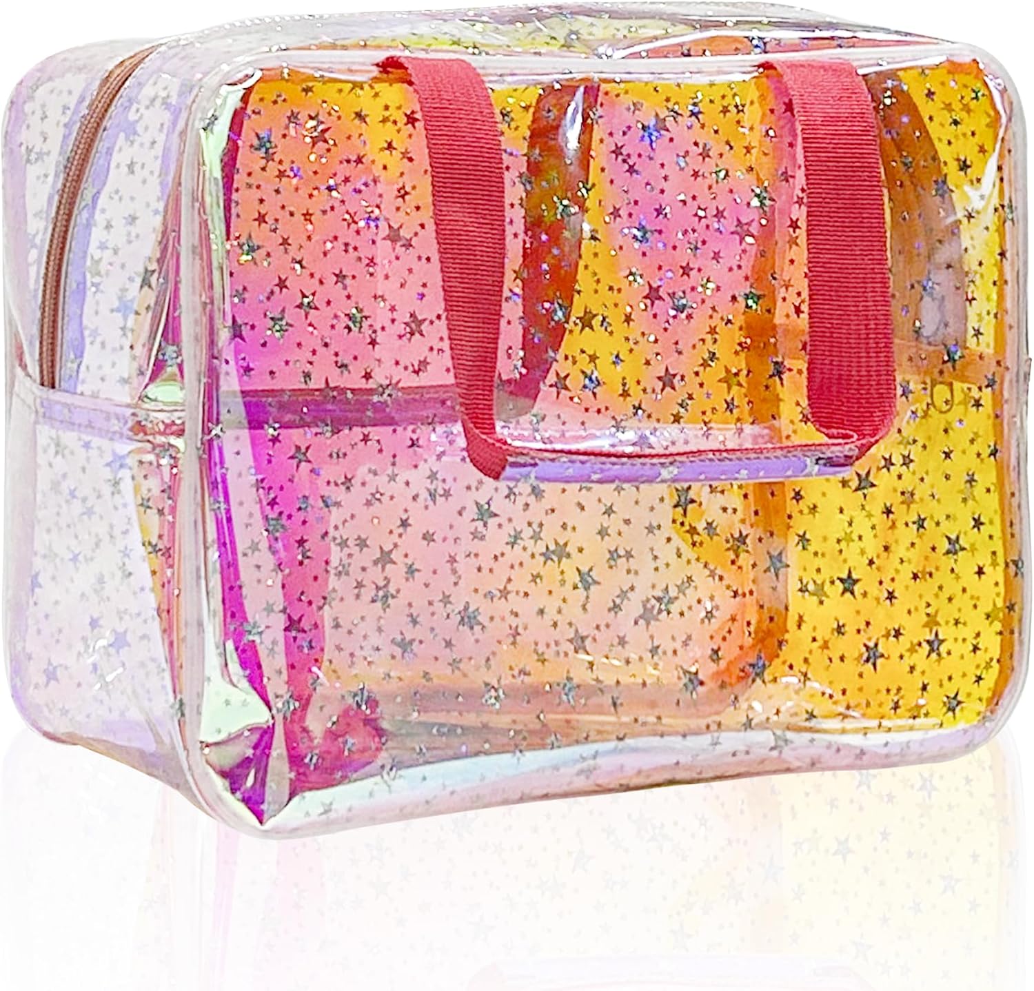 Detalle de TotePrint Clear Star Print Cosmetic Bag (PVC Waterproof) – Holographic Pink, 30 x 13 x 21.6 cm