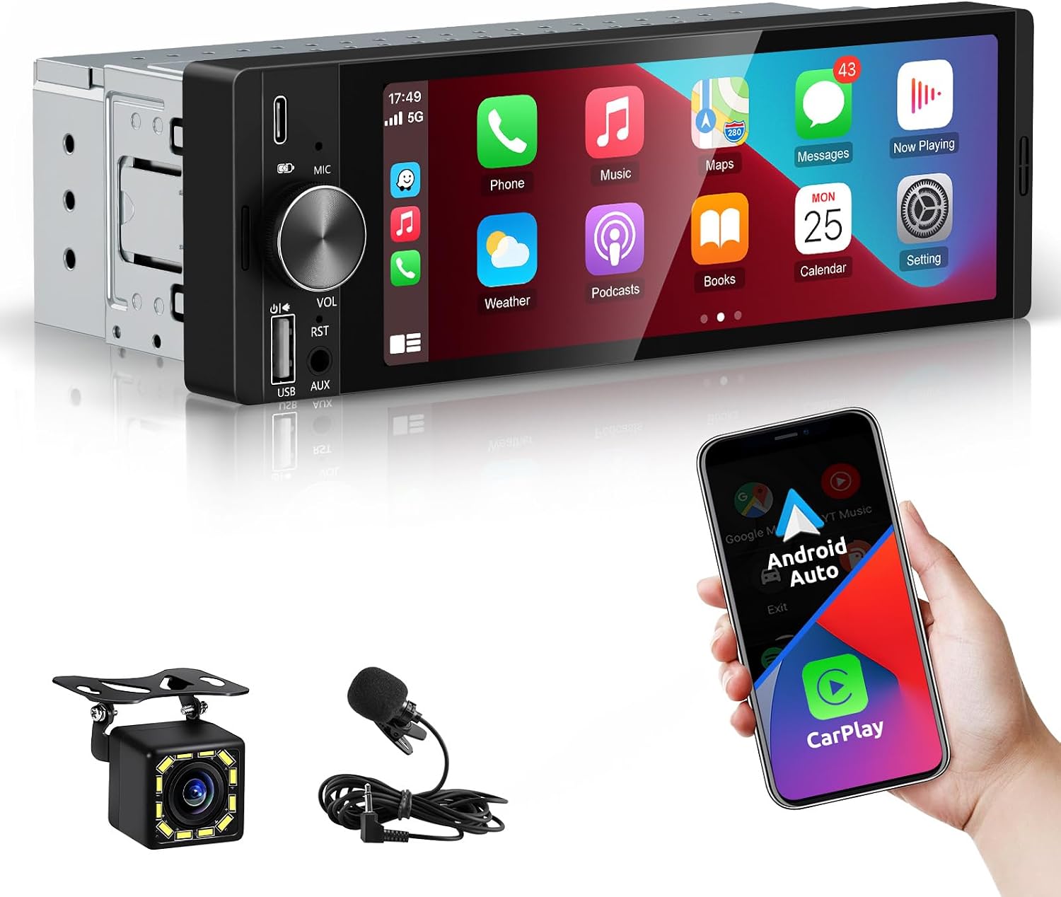 Detalle de ESSGOO 6,36 Zoll 1-DIN Autoradio mit Wireless CarPlay und Android Auto