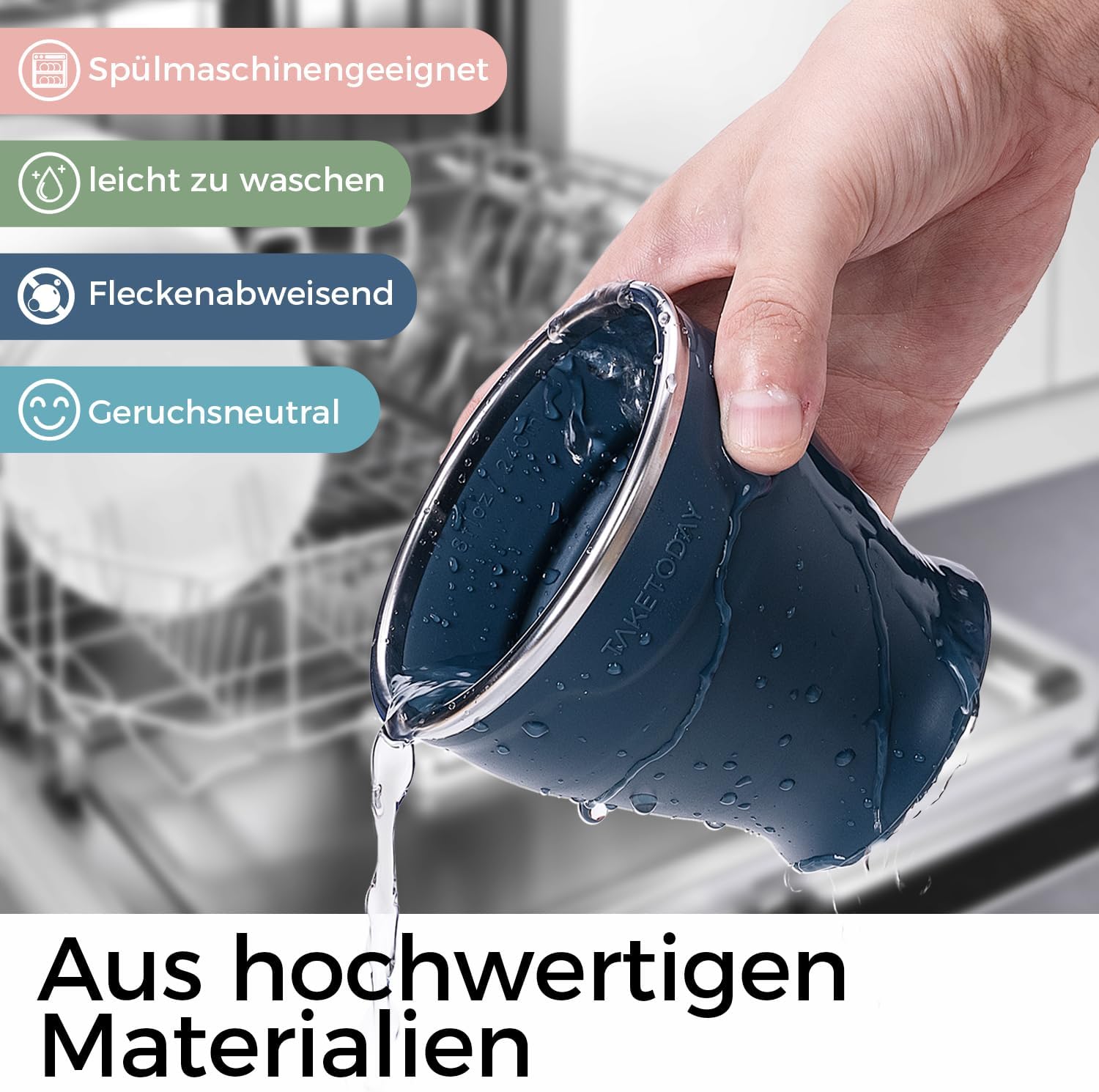 Detalle 2 de TakeToday Zusammenklappbarer Reisebecher 240 ml – Silikon-Faltbecher für Camping, Outdoor und Reisen
