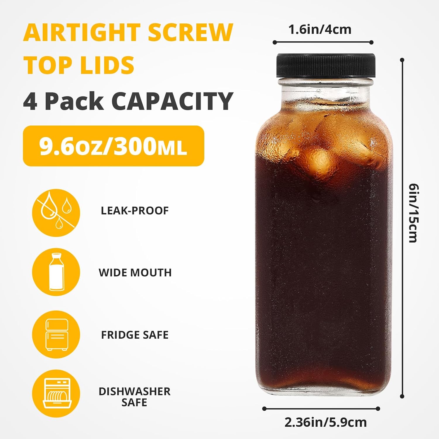 Detalle de LIMILI 4 x 500ml Glass Bottles with Lids – Reusable Wide Mouth Clear Glass Jars for Milk, Juices and Homemade Beverages