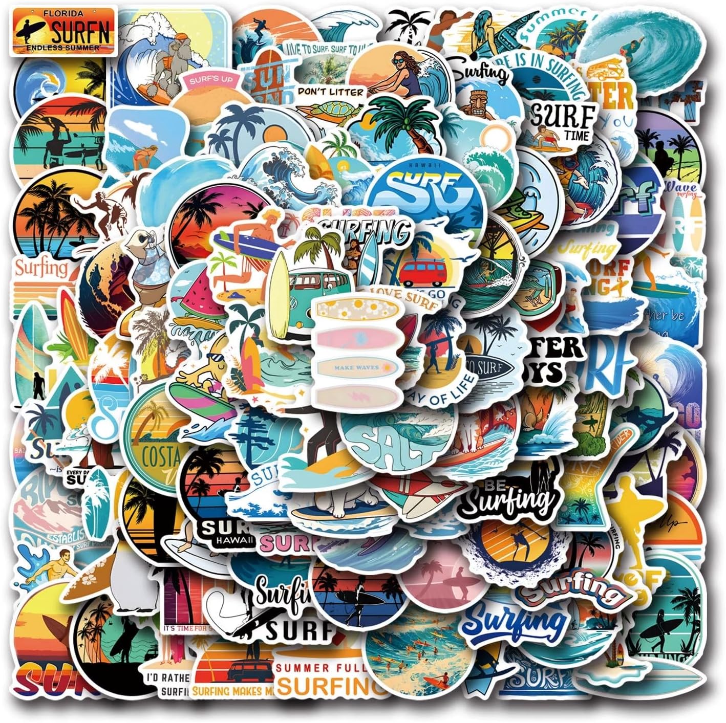 Luzhans Surf-Aufkleber-Set – 100 wasserdichte Vinyl-Sticker für Auto, Laptop, Handy, Board und mehr