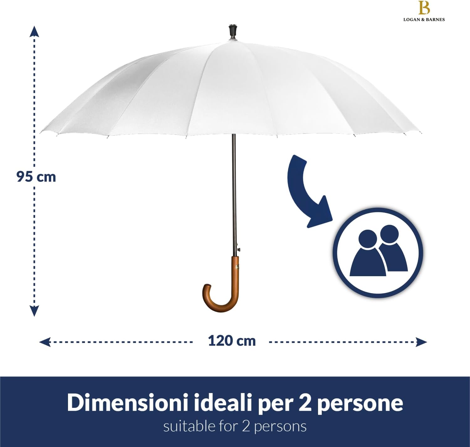 Detalle de LOGAN & BARNES Ombrello antivento Ø120 cm Edimburgo – XXL per due persone, impugnatura in legno e punta in gomma