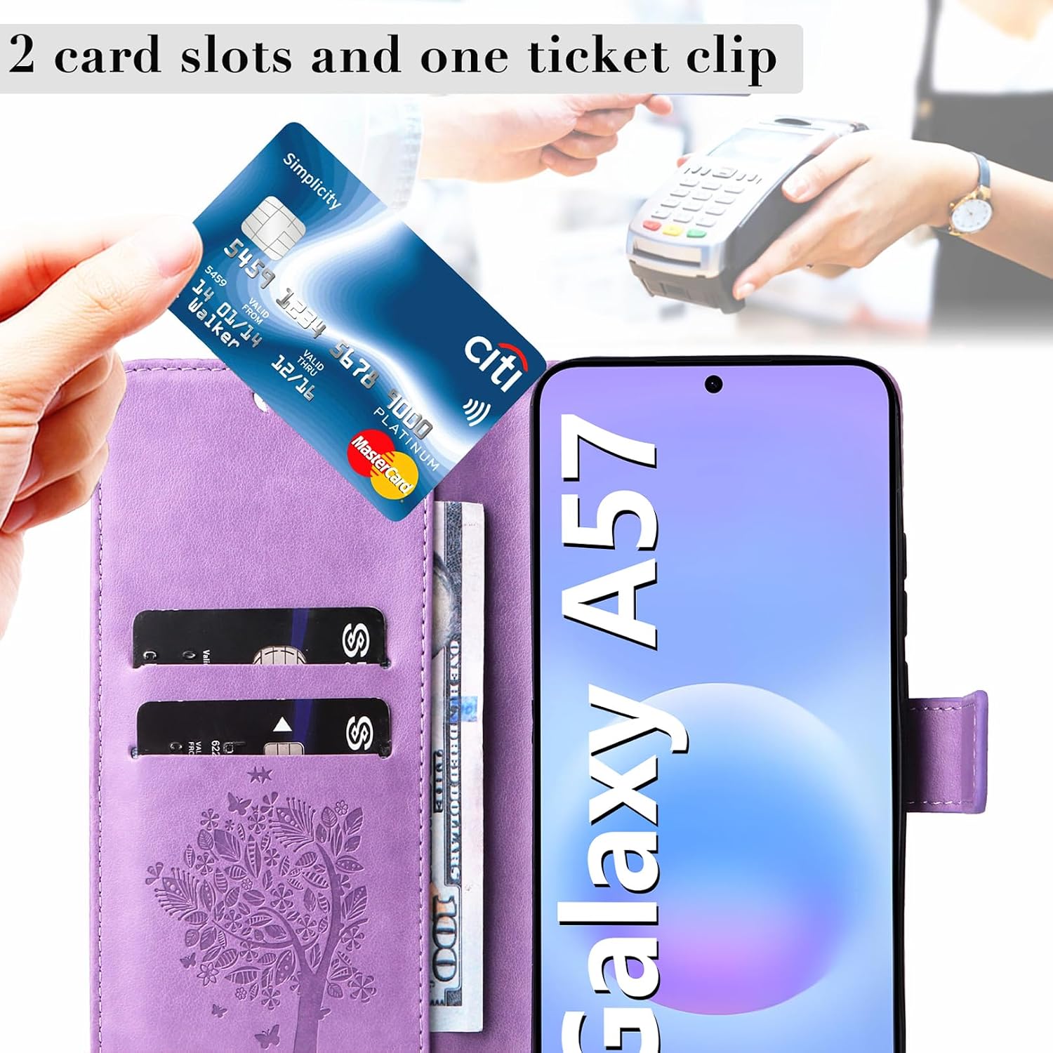 Detalle de Hancda Leather Wallet Case with Tempered Glass for Samsung Galaxy A57 5G – Purple