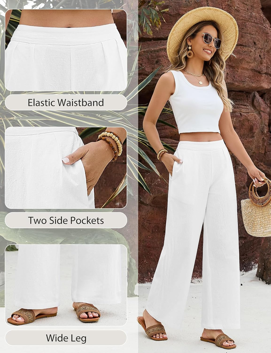 Detalle de heekpek Damen Sommerhose aus Baumwolle – bequeme High-Waist Weite Bein, lässig und elegant