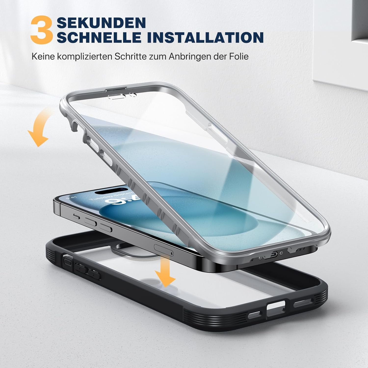 Detalle 2 de Diaclara 360° Hülle für iPhone 15 – Militärschutz, integrierter Displayschutz & Kameraschutz (Schwarz)