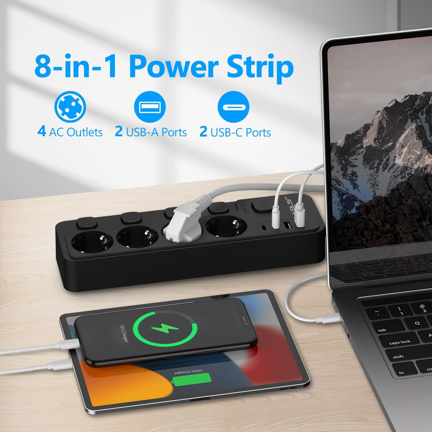 Thumbnail 1 de JSVER Multiprise USB avec interrupteurs individuels, 4 prises CA et 2 USB-A (2 ports USB-C) noire