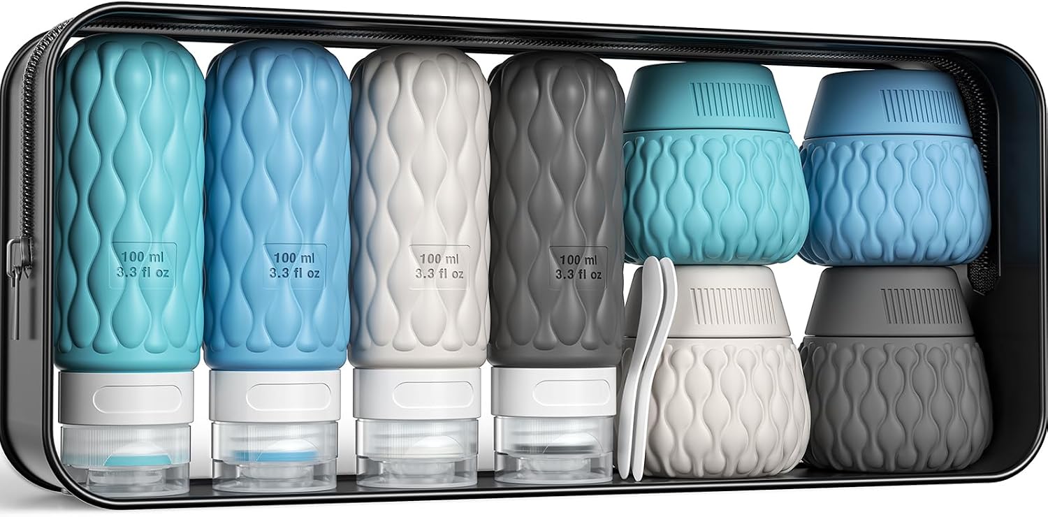 Detalle de Lericttor 4-tlg. Silikon Reiseflaschen-Set 100 ml mit Etiketten – Tropfsicher, wiederbefüllbar